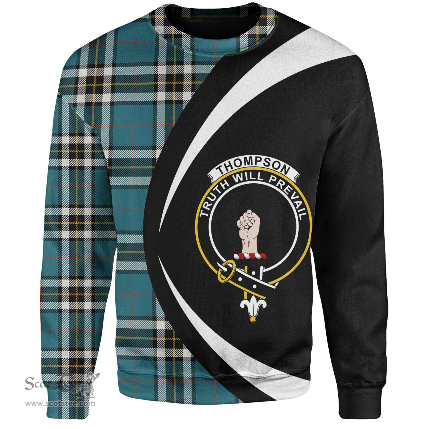 ScotsTee Shop Scottish Thomson Blue (MacThomas Blue Thompson Dress) Ancient Clan Crest Personalized Tartan Sweatshirt Circle Style Back Shirt with Your Text