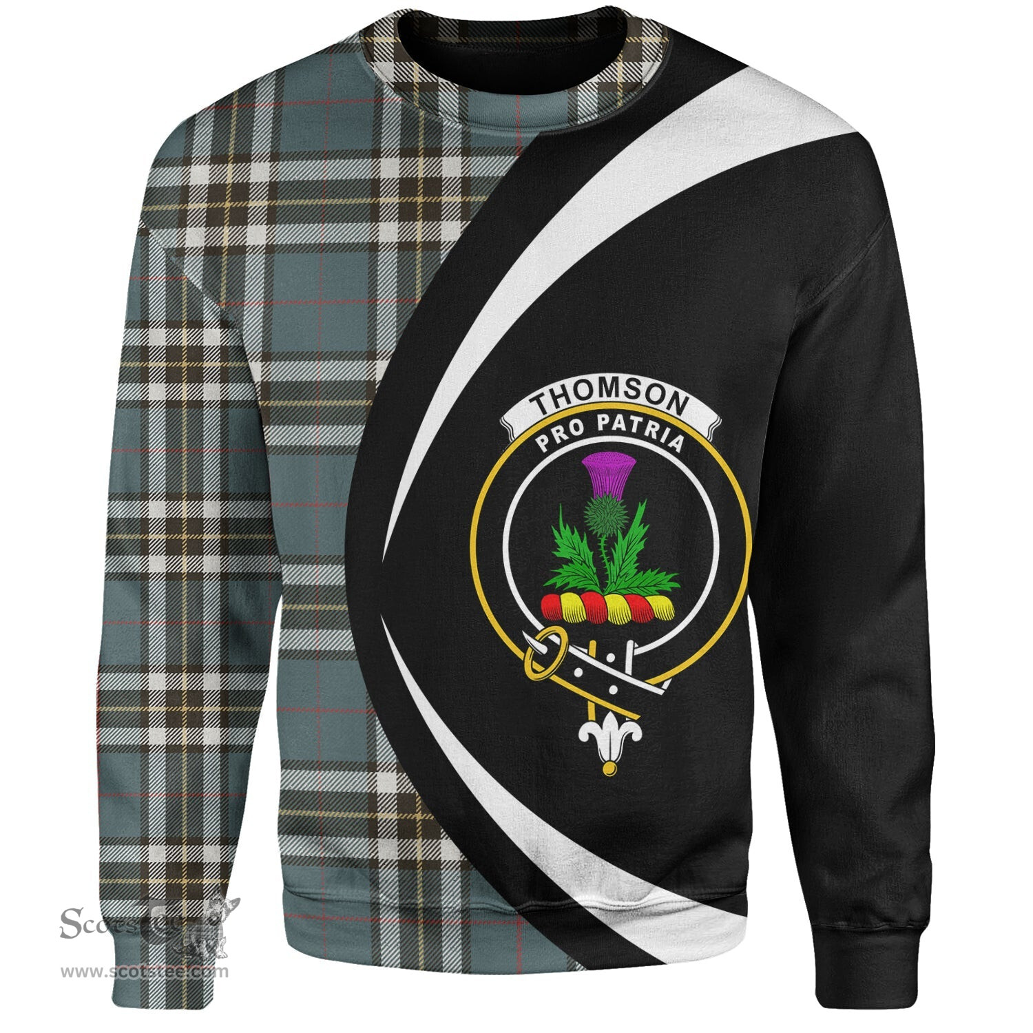 ScotsTee Shop Scottish Thomson Blue (MacThomas Blue Thompson Dress) Weathered Clan Crest Personalized Tartan Sweatshirt Circle Style Back Shirt with Your Text