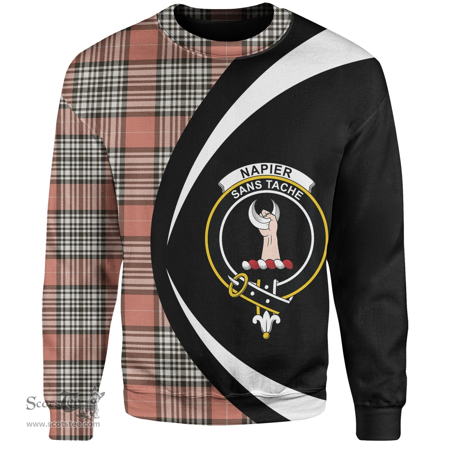ScotsTee Shop Scottish Napier Rose Weathered Clan Crest Personalized Tartan Sweatshirt Circle Style Back Shirt with Your Text
