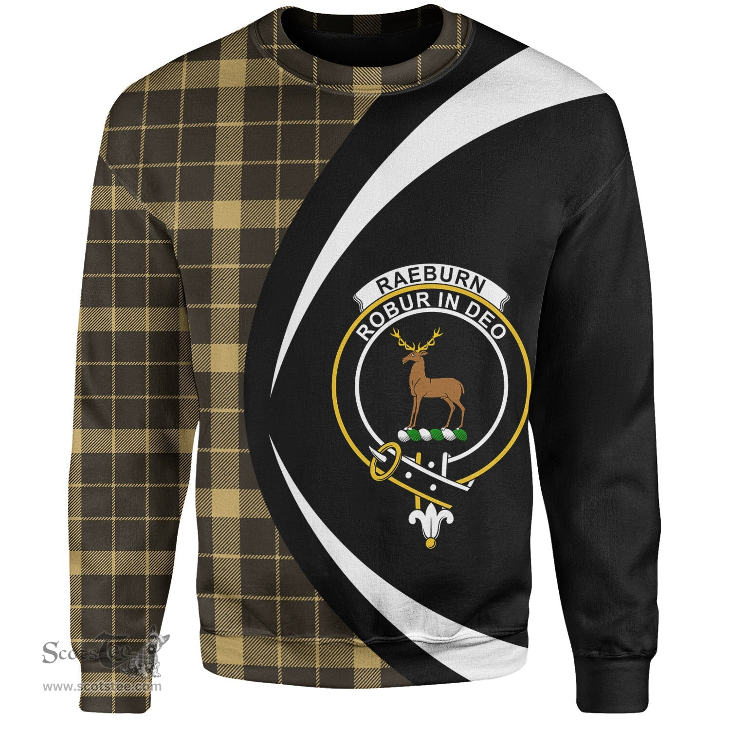 ScotsTee Shop Scottish Raeburn Weathered Clan Crest Personalized Tartan Sweatshirt Circle Style Back Shirt with Your Text