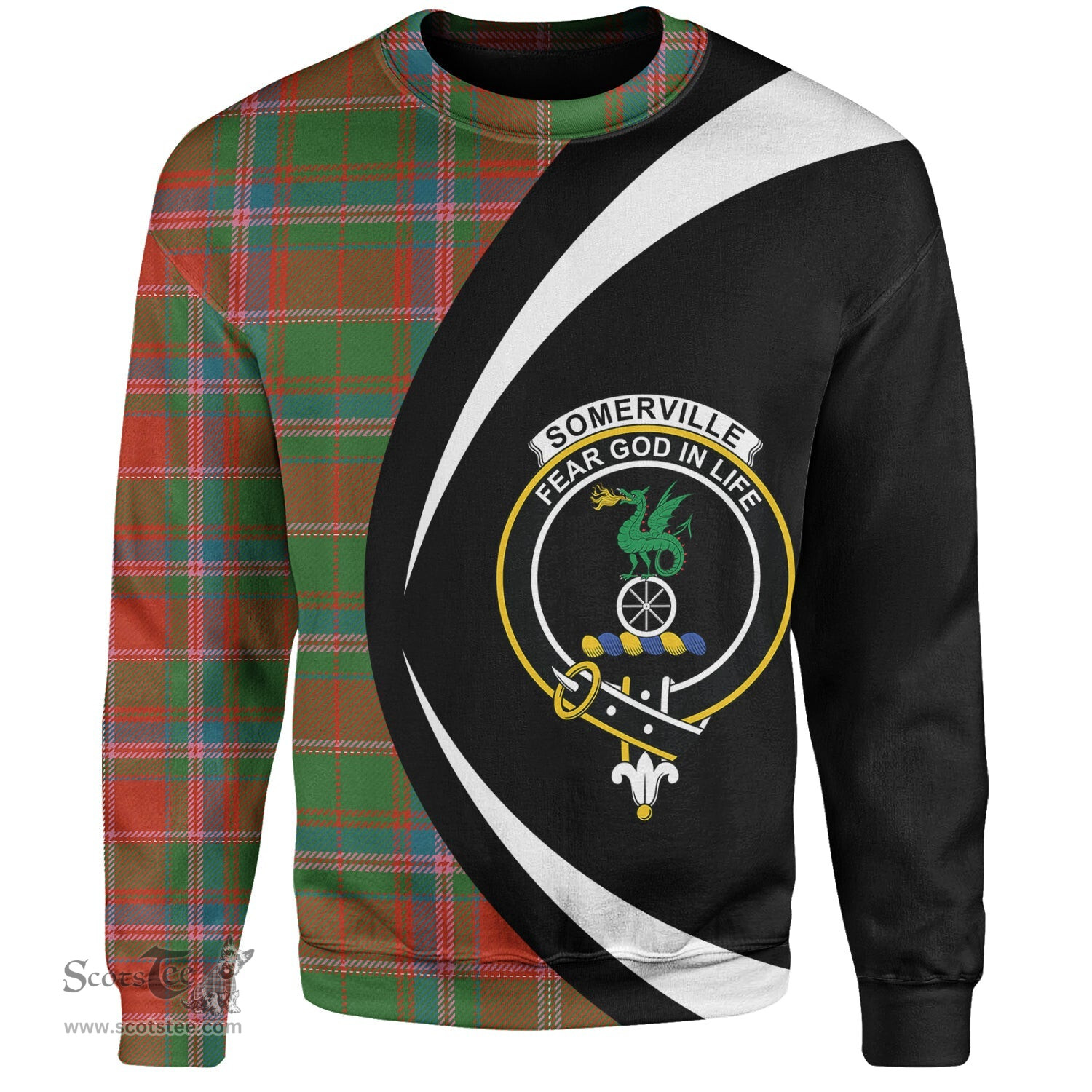 ScotsTee Shop Scottish Somerville Ancient Clan Crest Personalized Tartan Sweatshirt Circle Style Back Shirt with Your Text