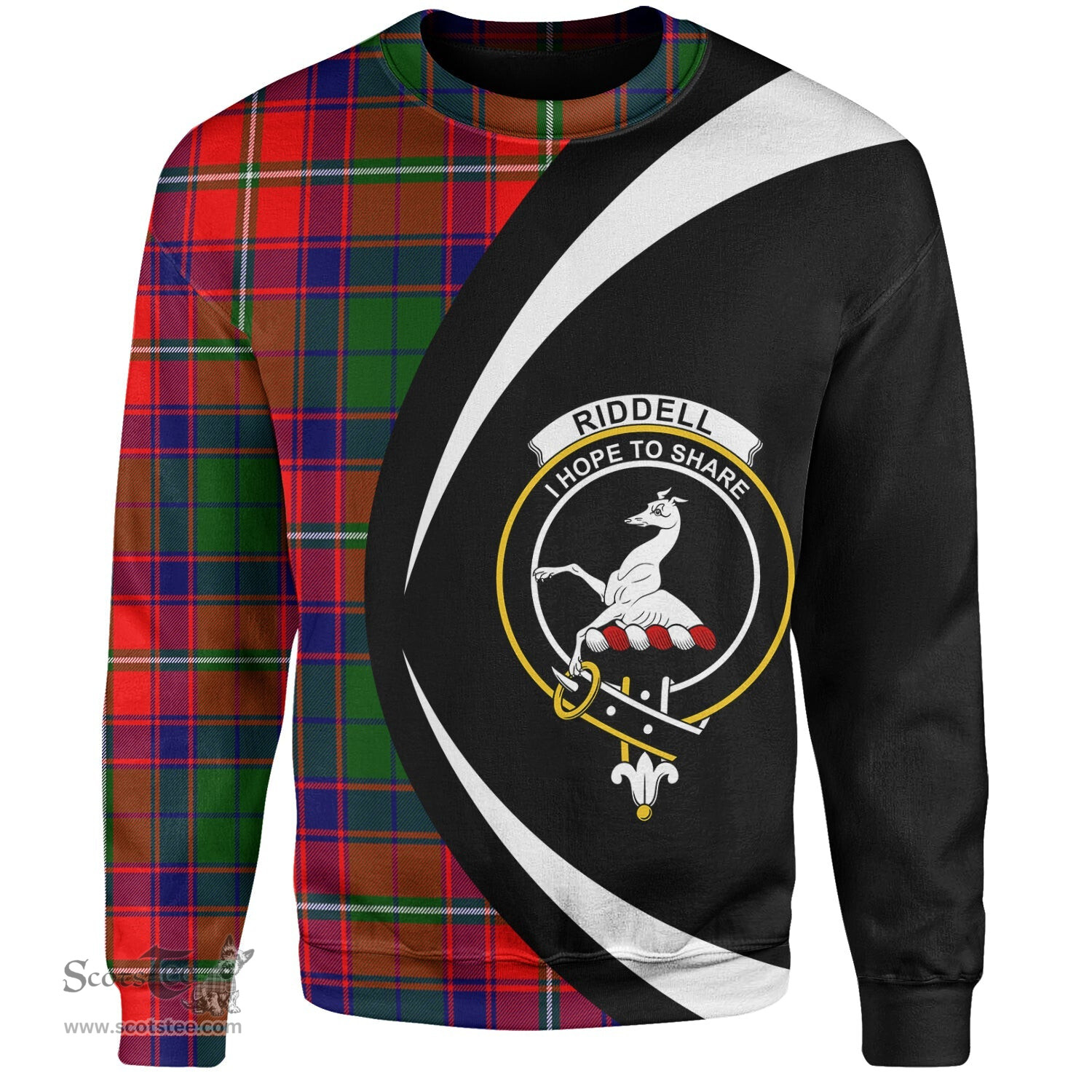 ScotsTee Shop Scottish Riddell Clan Crest Personalized Tartan Sweatshirt Circle Style Back Shirt with Your Text