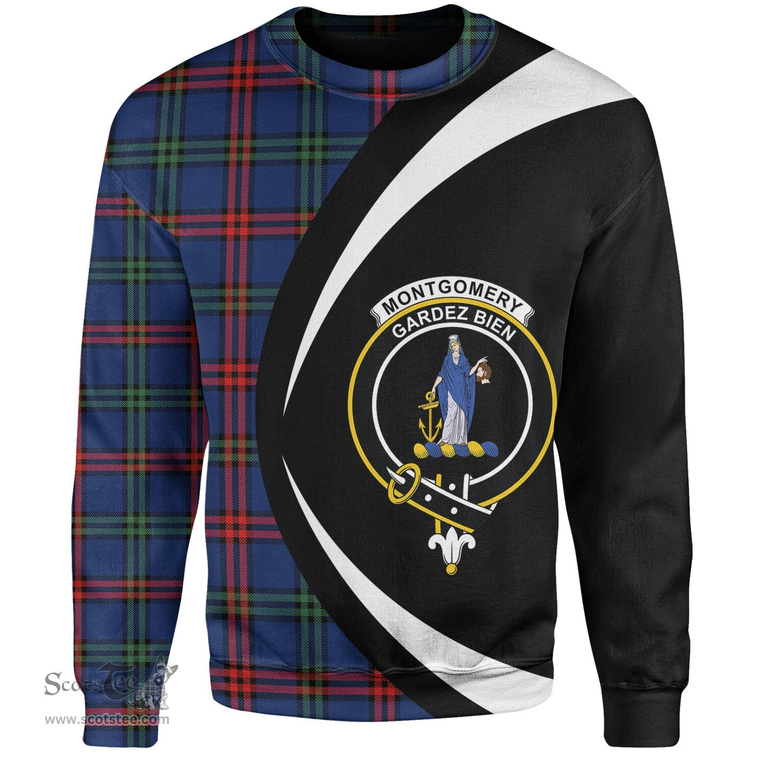 ScotsTee Shop Scottish Montgomery Modern Clan Crest Personalized Tartan Sweatshirt Circle Style Back Shirt with Your Text