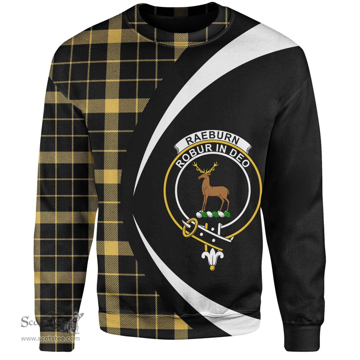ScotsTee Shop Scottish Raeburn Ancient Clan Crest Personalized Tartan Sweatshirt Circle Style Back Shirt with Your Text