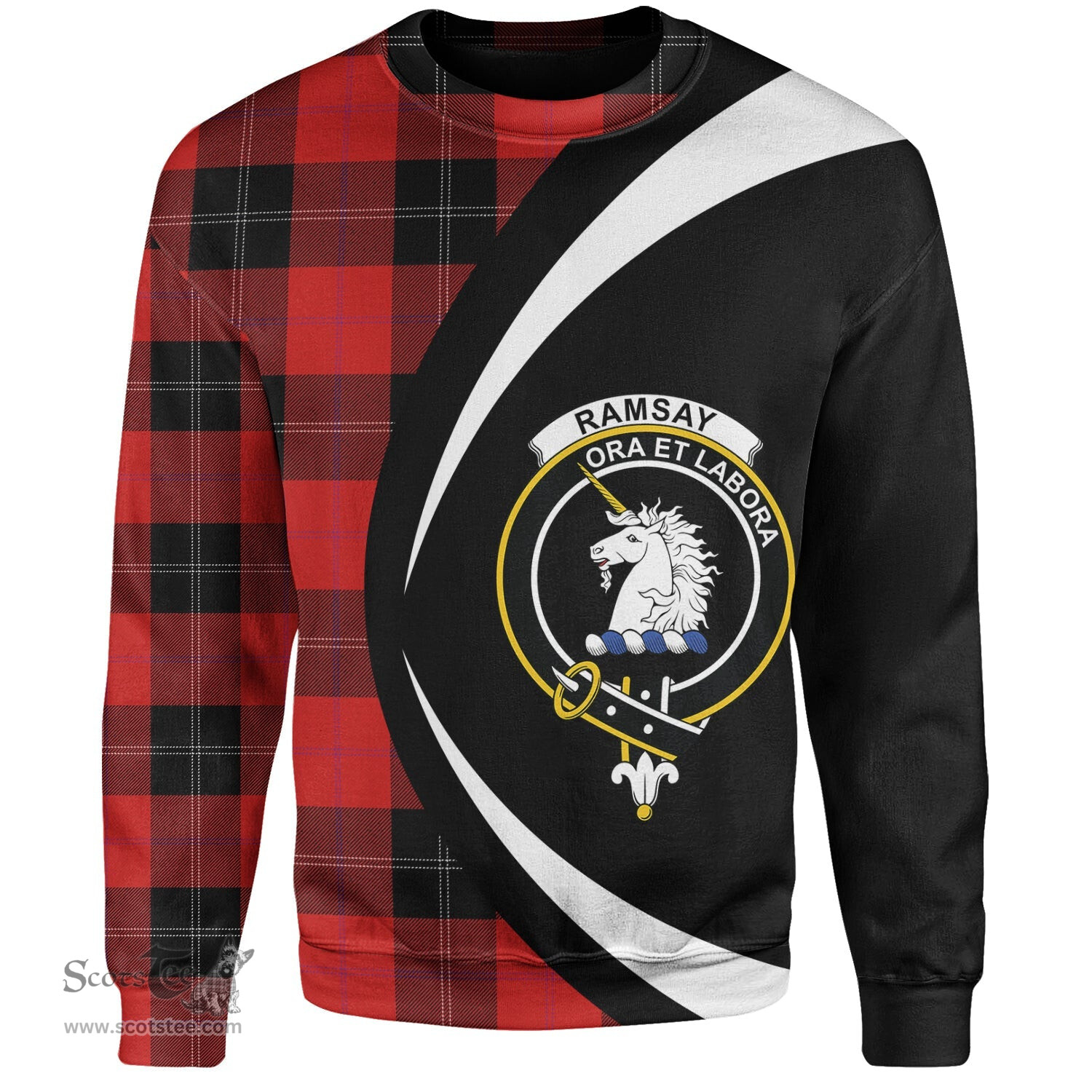 ScotsTee Shop Scottish Ramsay Red (Ramsay of Dalhousie) Clan Crest Personalized Tartan Sweatshirt Circle Style Back Shirt with Your Text