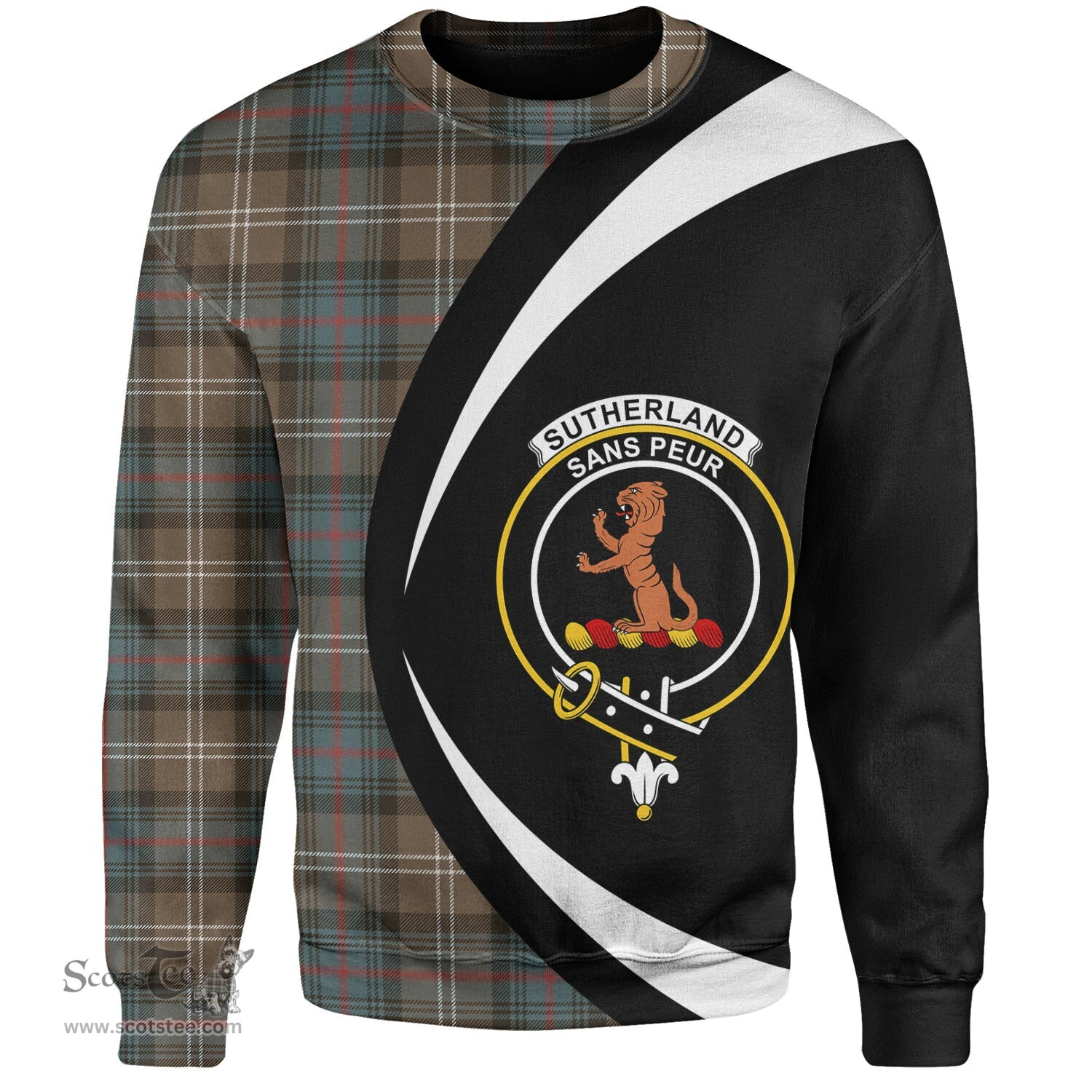 ScotsTee Shop Scottish Sutherland Weathered Clan Crest Personalized Tartan Sweatshirt Circle Style Back Shirt with Your Text