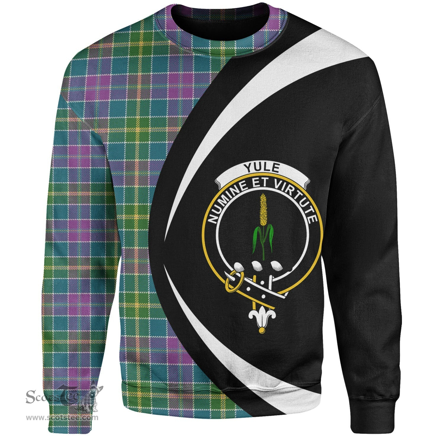 ScotsTee Shop Scottish Yule Ancient Clan Crest Personalized Tartan Sweatshirt Circle Style Back Shirt with Your Text
