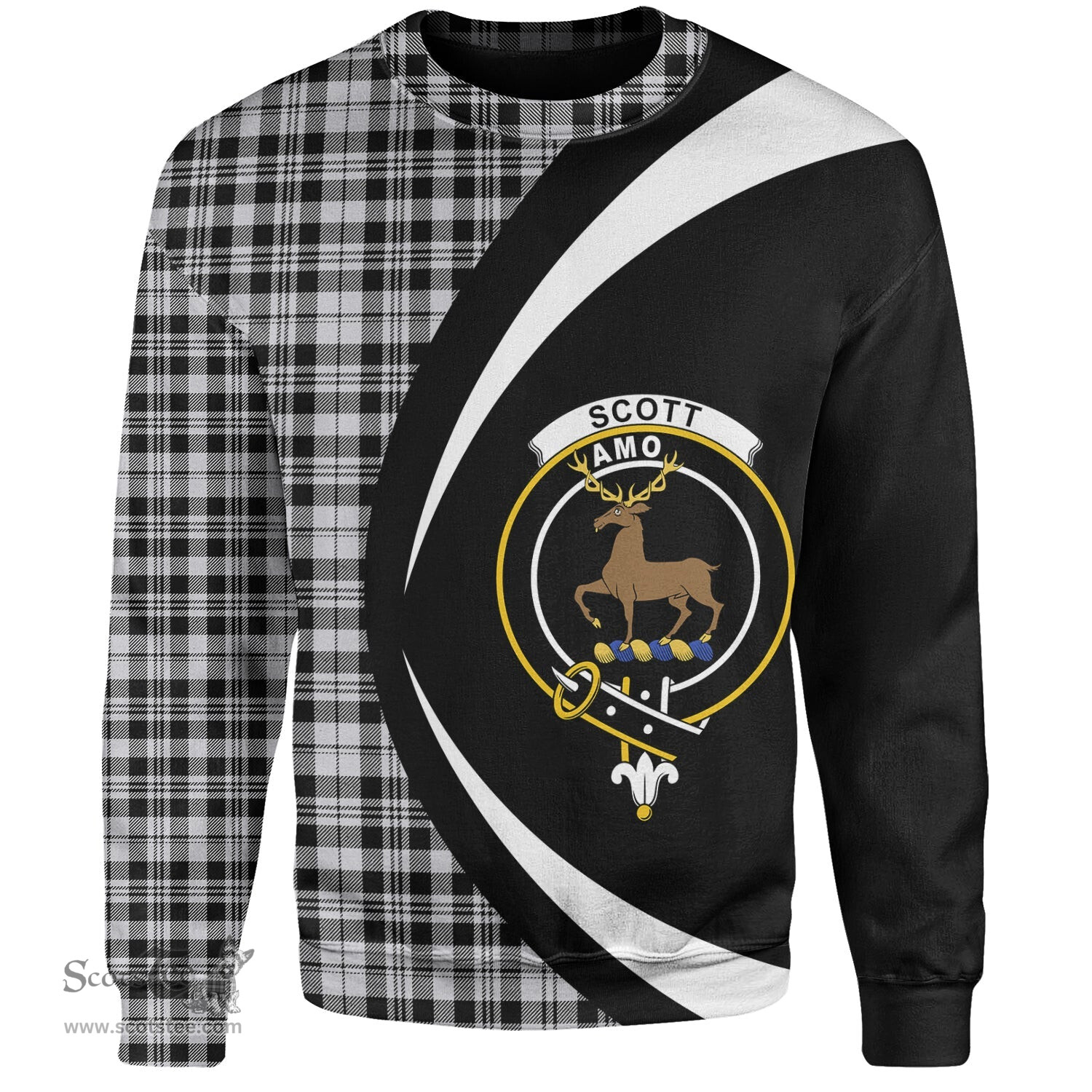 ScotsTee Shop Scottish Scott (Sir Walter) Personal Clan Crest Personalized Tartan Sweatshirt Circle Style Back Shirt with Your Text