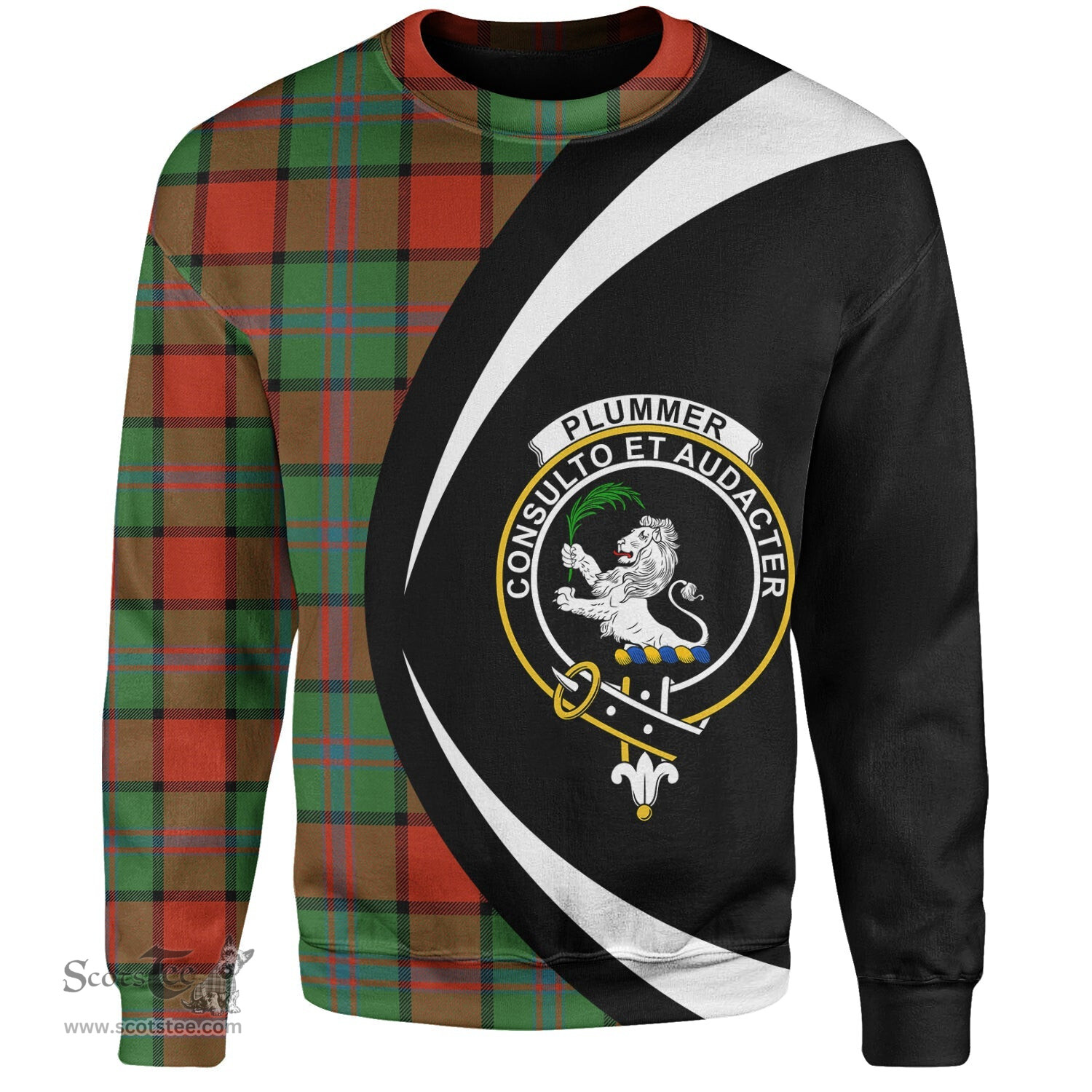 ScotsTee Shop Scottish Plummer Ancient Clan Crest Personalized Tartan Sweatshirt Circle Style Back Shirt with Your Text
