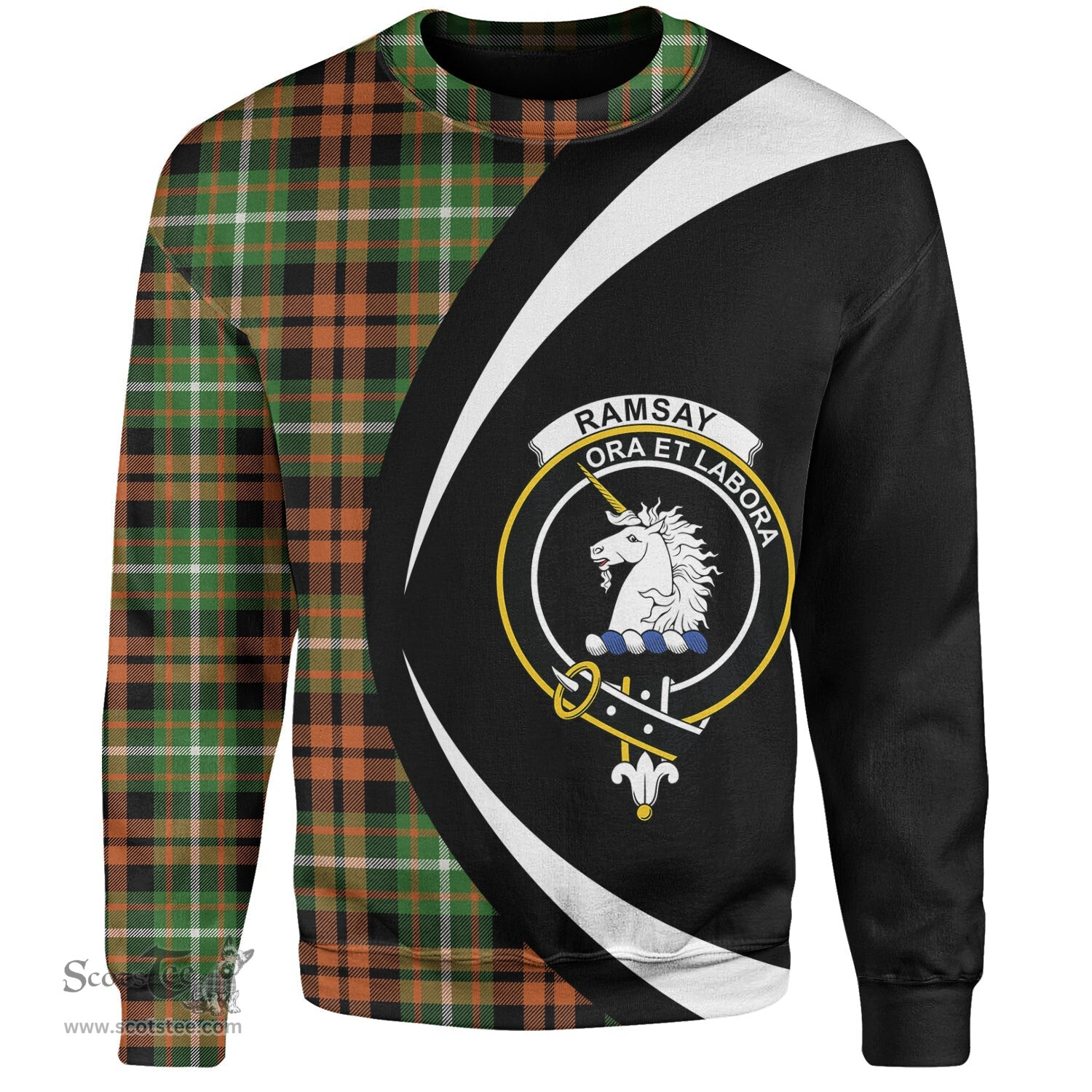 ScotsTee Shop Scottish Ramsay Orange Ancient Clan Crest Personalized Tartan Sweatshirt Circle Style Back Shirt with Your Text