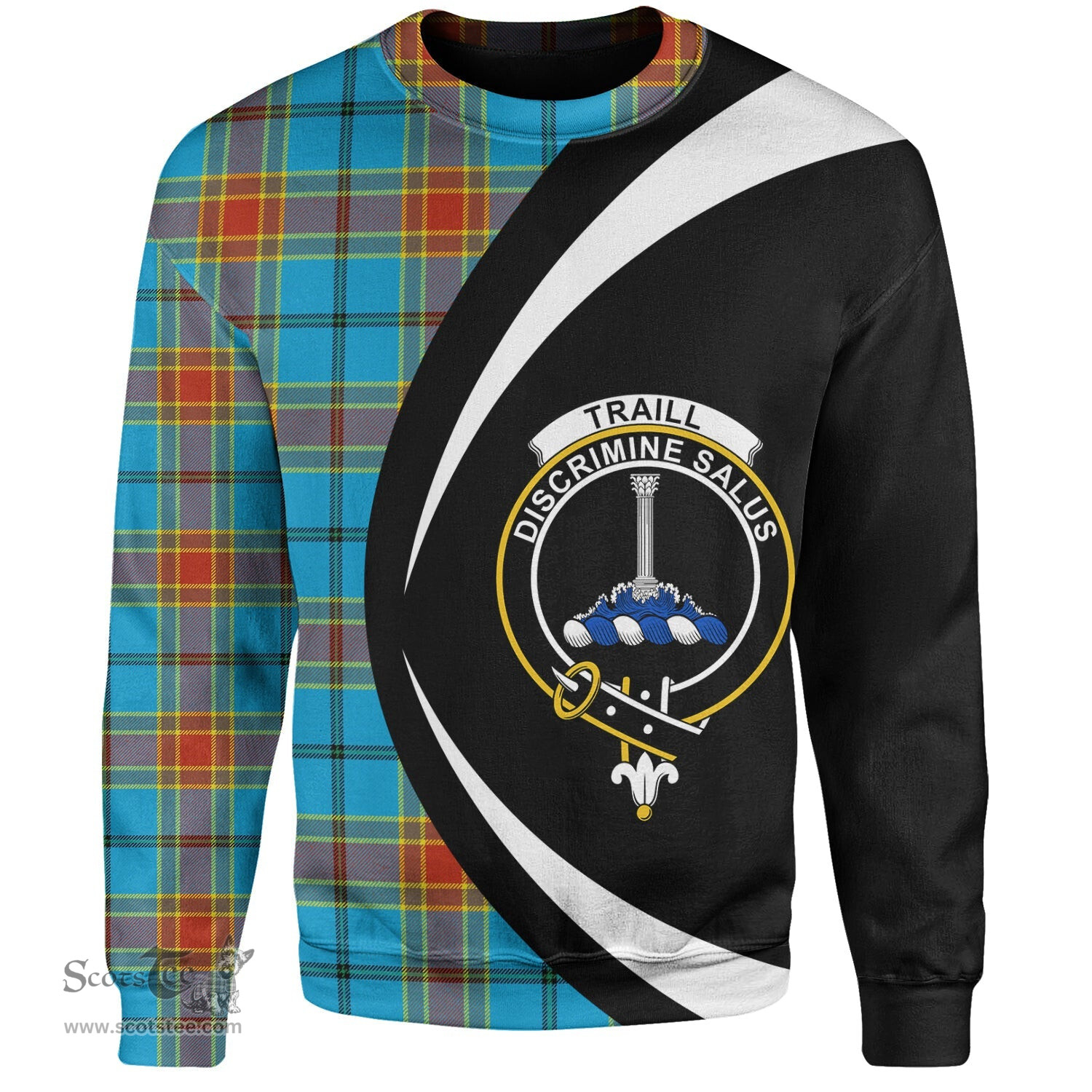 ScotsTee Shop Scottish Traill (Trayle) Weathered Clan Crest Personalized Tartan Sweatshirt Circle Style Back Shirt with Your Text