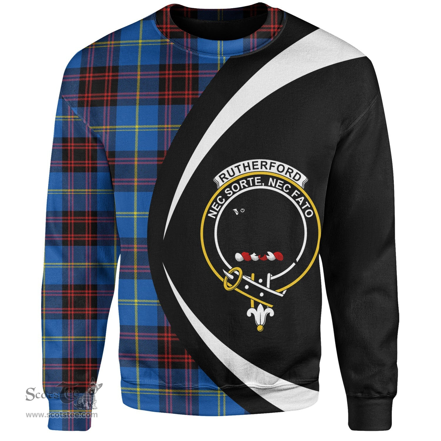 ScotsTee Shop Scottish Rutherford Modern Clan Crest Personalized Tartan Sweatshirt Circle Style Back Shirt with Your Text