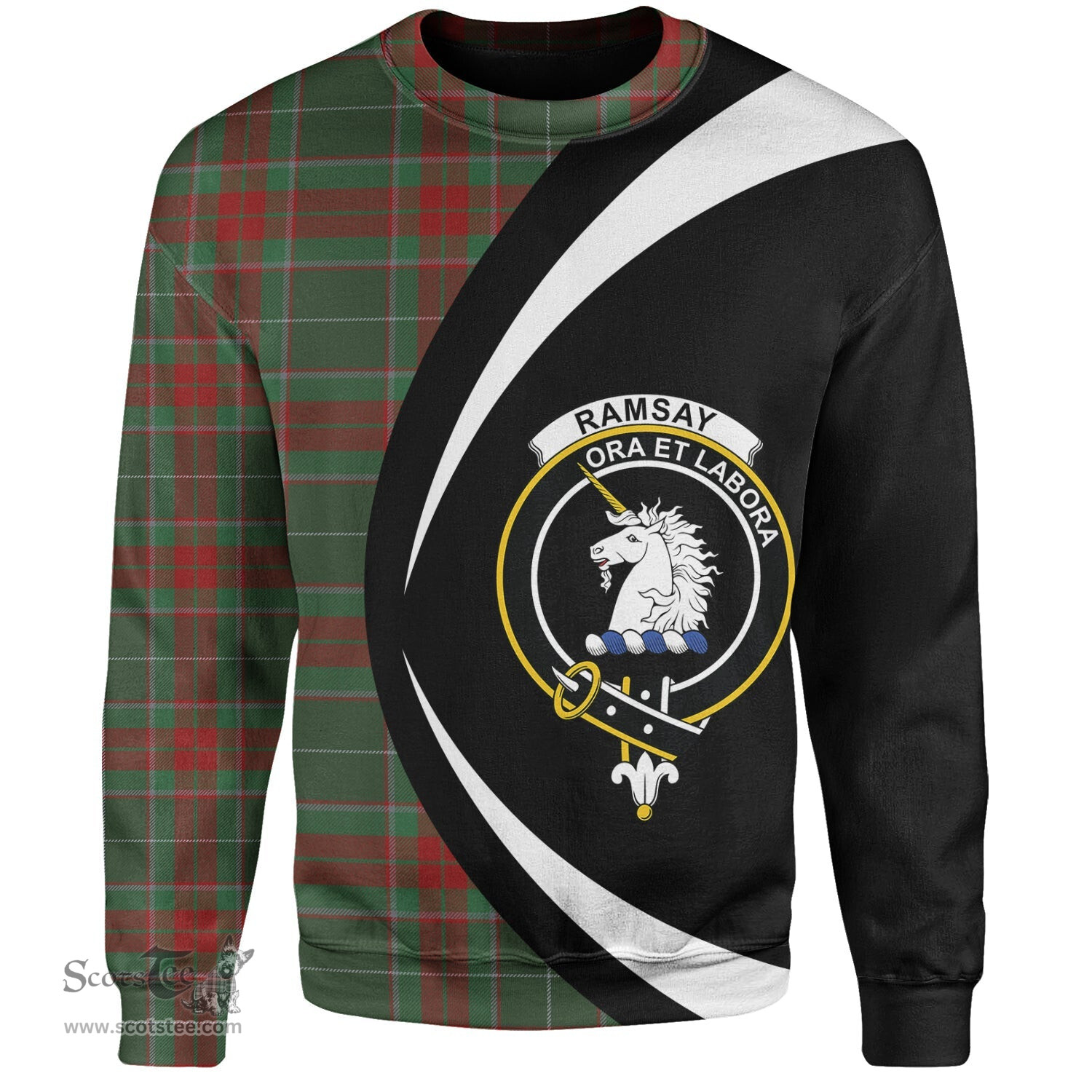 ScotsTee Shop Scottish Ramsay Green Modern Clan Crest Personalized Tartan Sweatshirt Circle Style Back Shirt with Your Text
