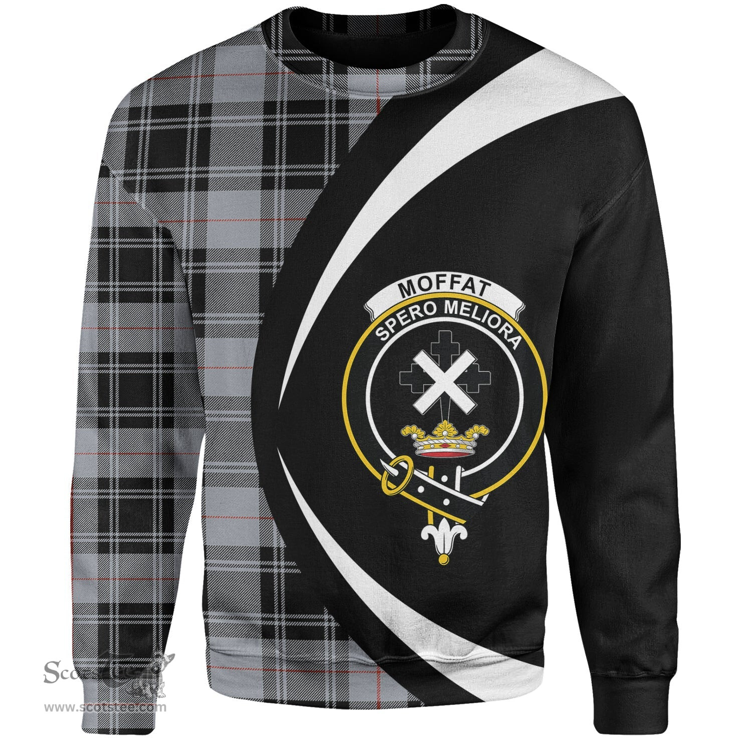 ScotsTee Shop Scottish Moffat Ancient Clan Crest Personalized Tartan Sweatshirt Circle Style Back Shirt with Your Text