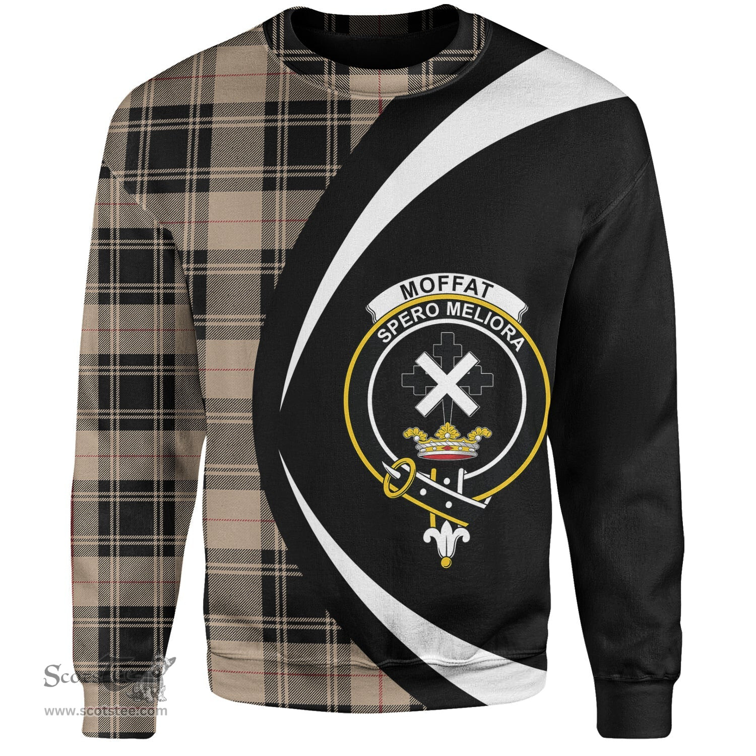 ScotsTee Shop Scottish Moffat Weathered Clan Crest Personalized Tartan Sweatshirt Circle Style Back Shirt with Your Text