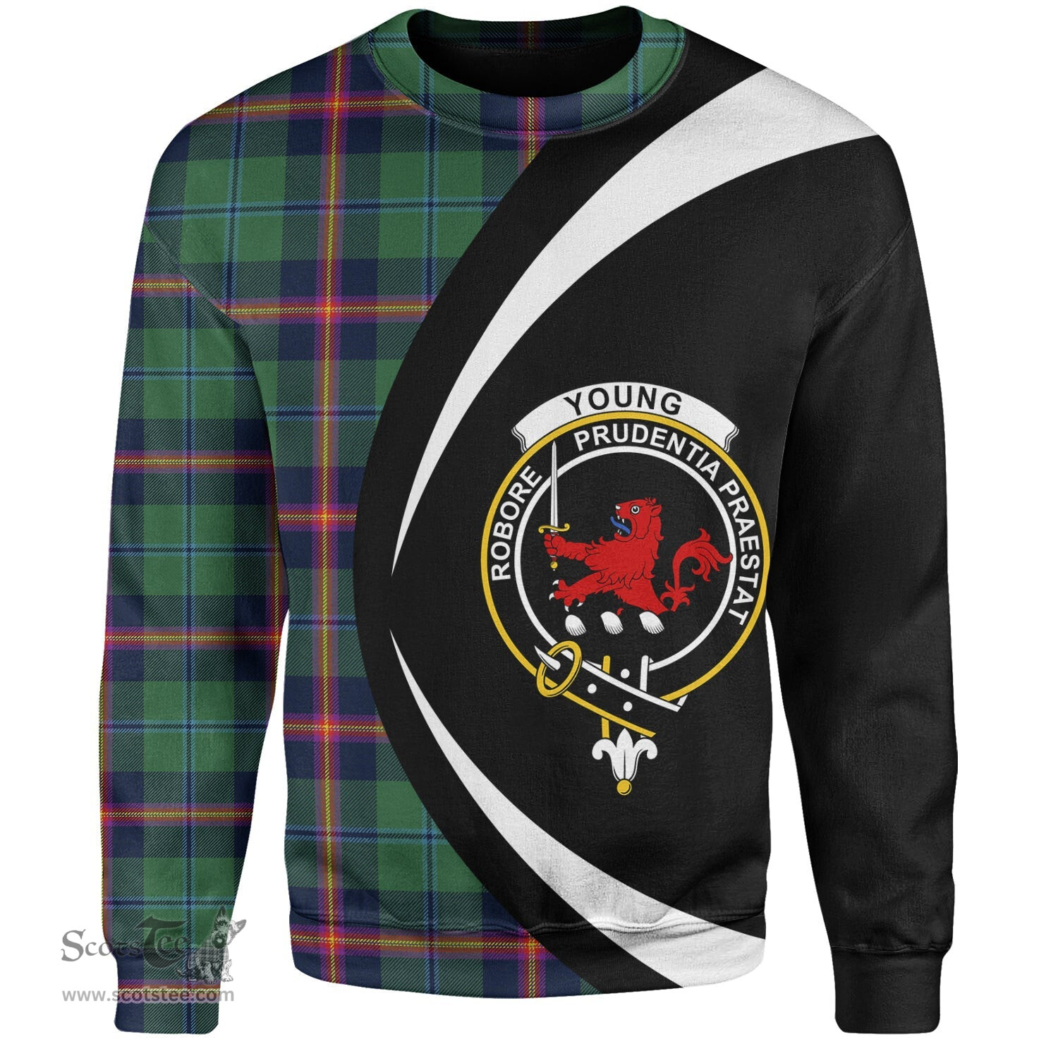 ScotsTee Shop Scottish Young Modern Clan Crest Personalized Tartan Sweatshirt Circle Style Back Shirt with Your Text