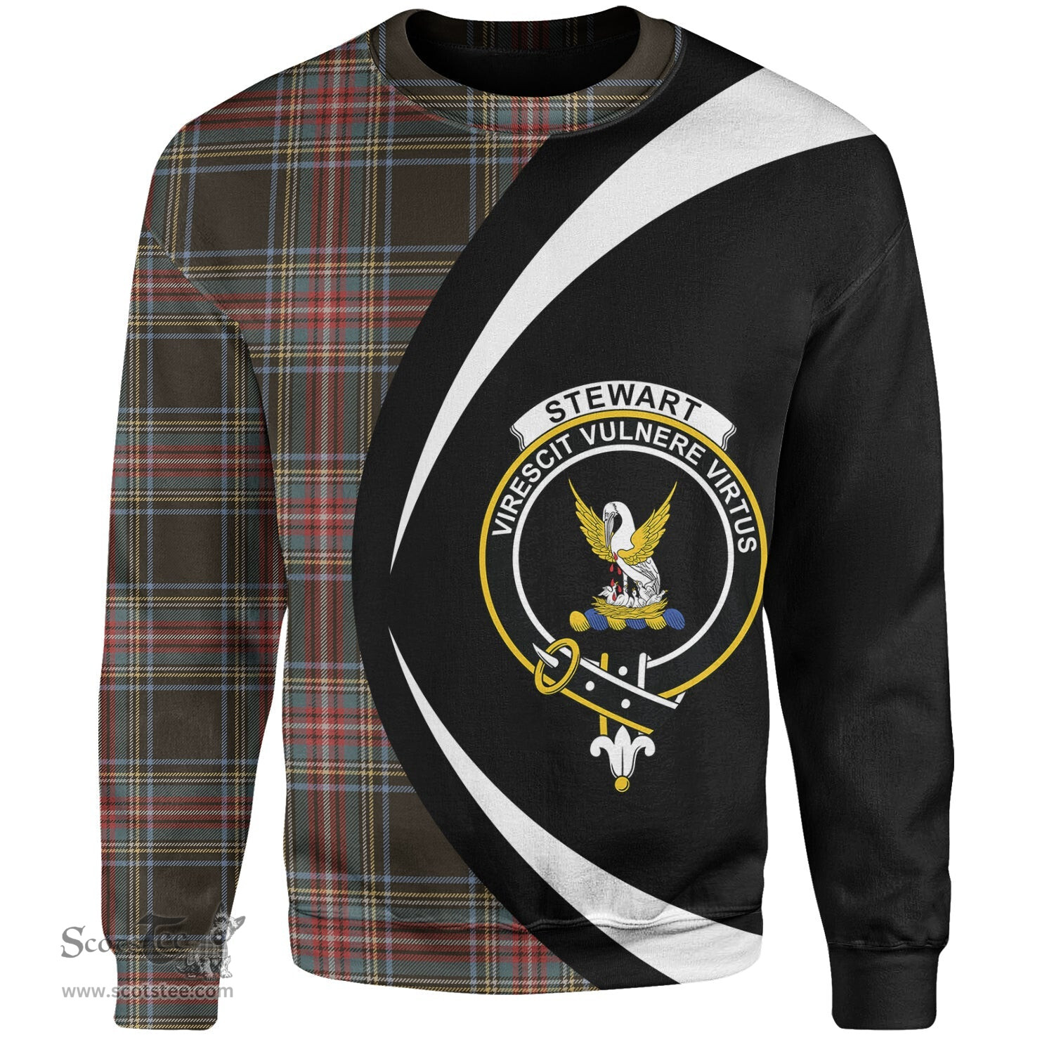 ScotsTee Shop Scottish Stewart Black Weathered Clan Crest Personalized Tartan Sweatshirt Circle Style Back Shirt with Your Text