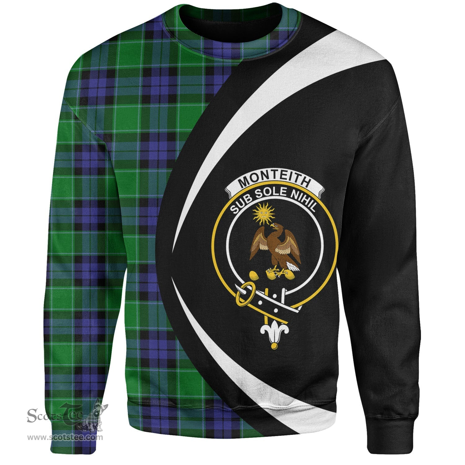 ScotsTee Shop Scottish Monteith Clan Crest Personalized Tartan Sweatshirt Circle Style Back Shirt with Your Text