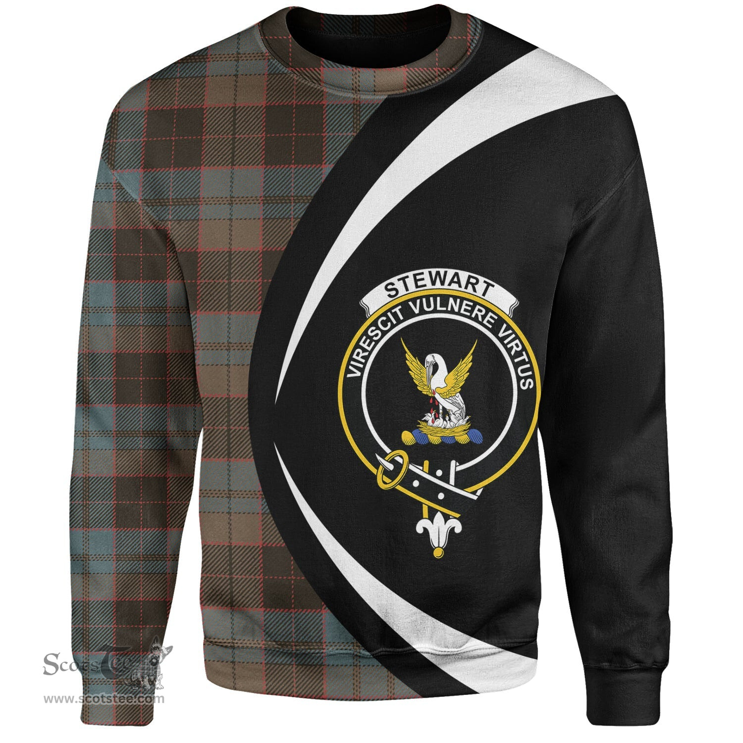 ScotsTee Shop Scottish Stewart Old Weathered Clan Crest Personalized Tartan Sweatshirt Circle Style Back Shirt with Your Text