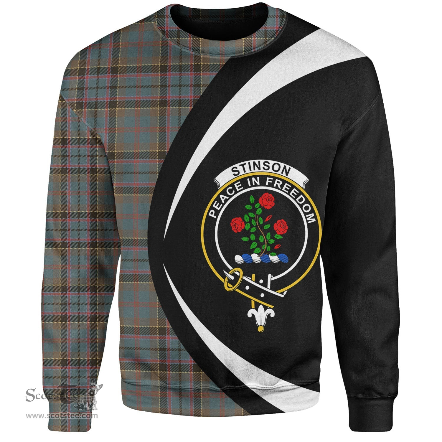 ScotsTee Shop Scottish Stinson (Stephenson Stevenson) Weathered Clan Crest Personalized Tartan Sweatshirt Circle Style Back Shirt with Your Text