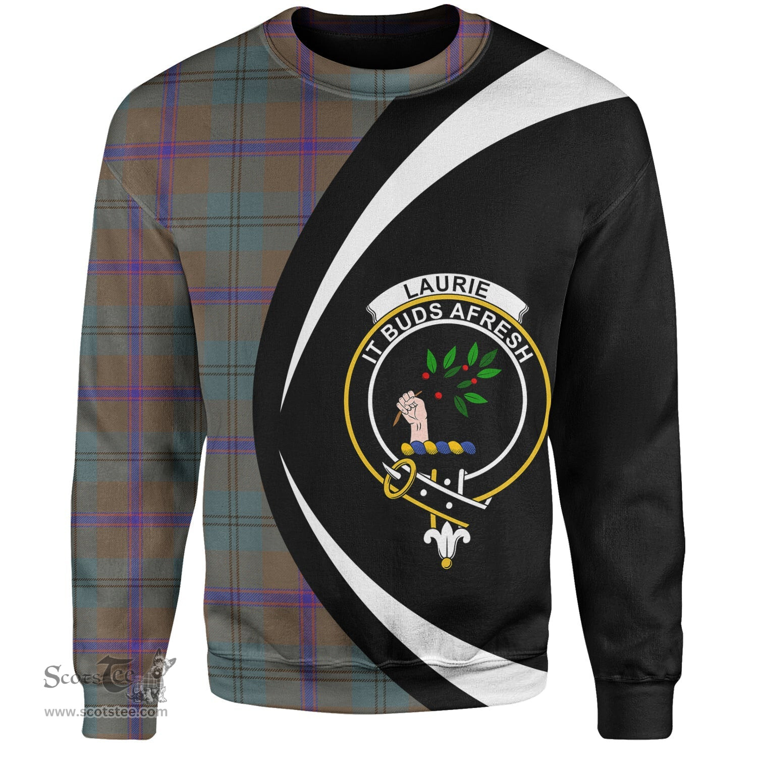 ScotsTee Shop Scottish Laurie Weathered Clan Crest Personalized Tartan Sweatshirt Circle Style Back Shirt with Your Text