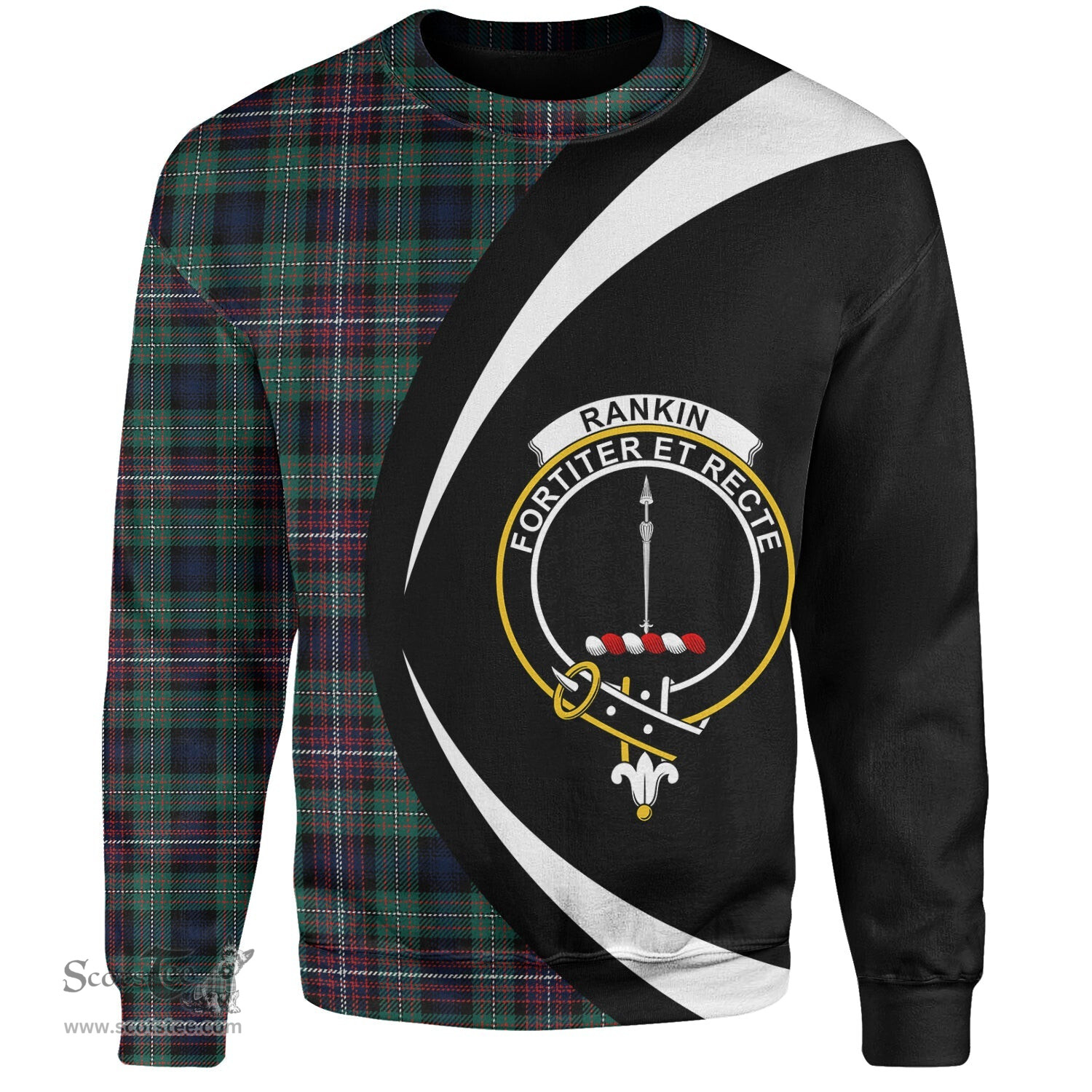 ScotsTee Shop Scottish Rankin (Dalgliesh) Modern Clan Crest Personalized Tartan Sweatshirt Circle Style Back Shirt with Your Text
