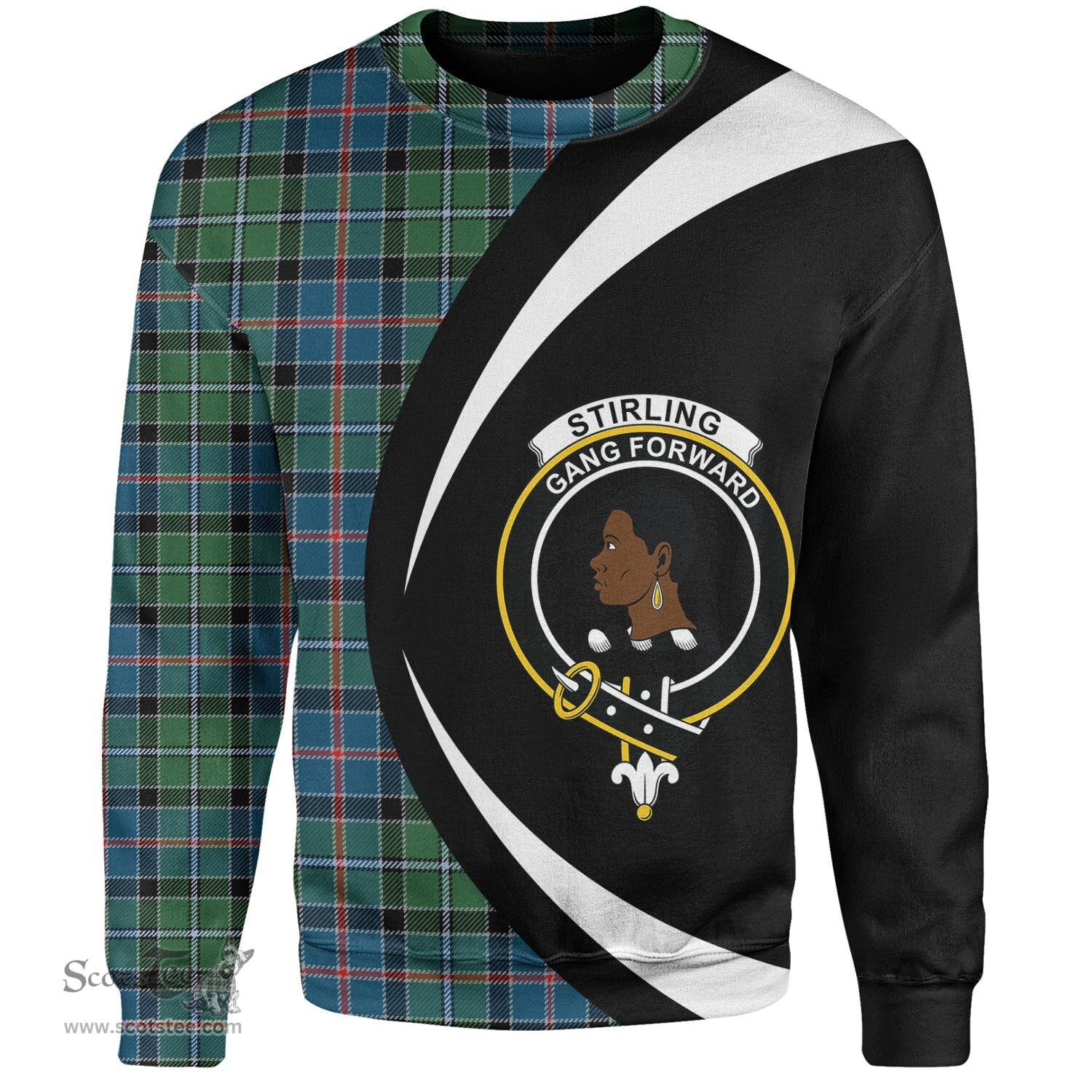 ScotsTee Shop Scottish Stirling Modern Clan Crest Personalized Tartan Sweatshirt Circle Style Back Shirt with Your Text