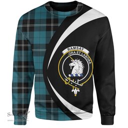 ScotsTee Shop Scottish Ramsay Blue Ancient Clan Crest Personalized Tartan Sweatshirt Circle Style Back Shirt with Your Text