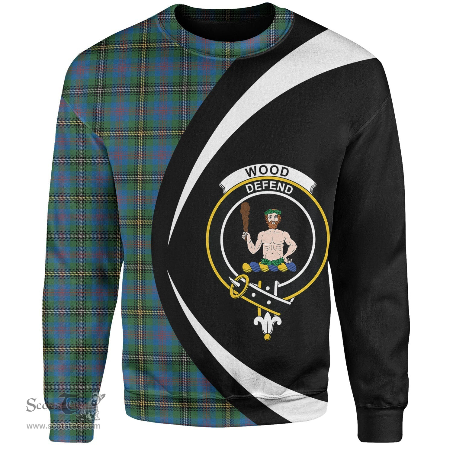 ScotsTee Shop Scottish Wood Ancient Clan Crest Personalized Tartan Sweatshirt Circle Style Back Shirt with Your Text