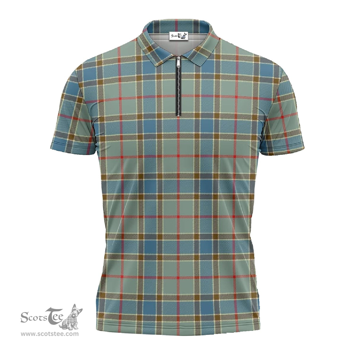 ScotsTee Shop Scottish Balfour Blue Clan Tartan Zipper Polo Shirt