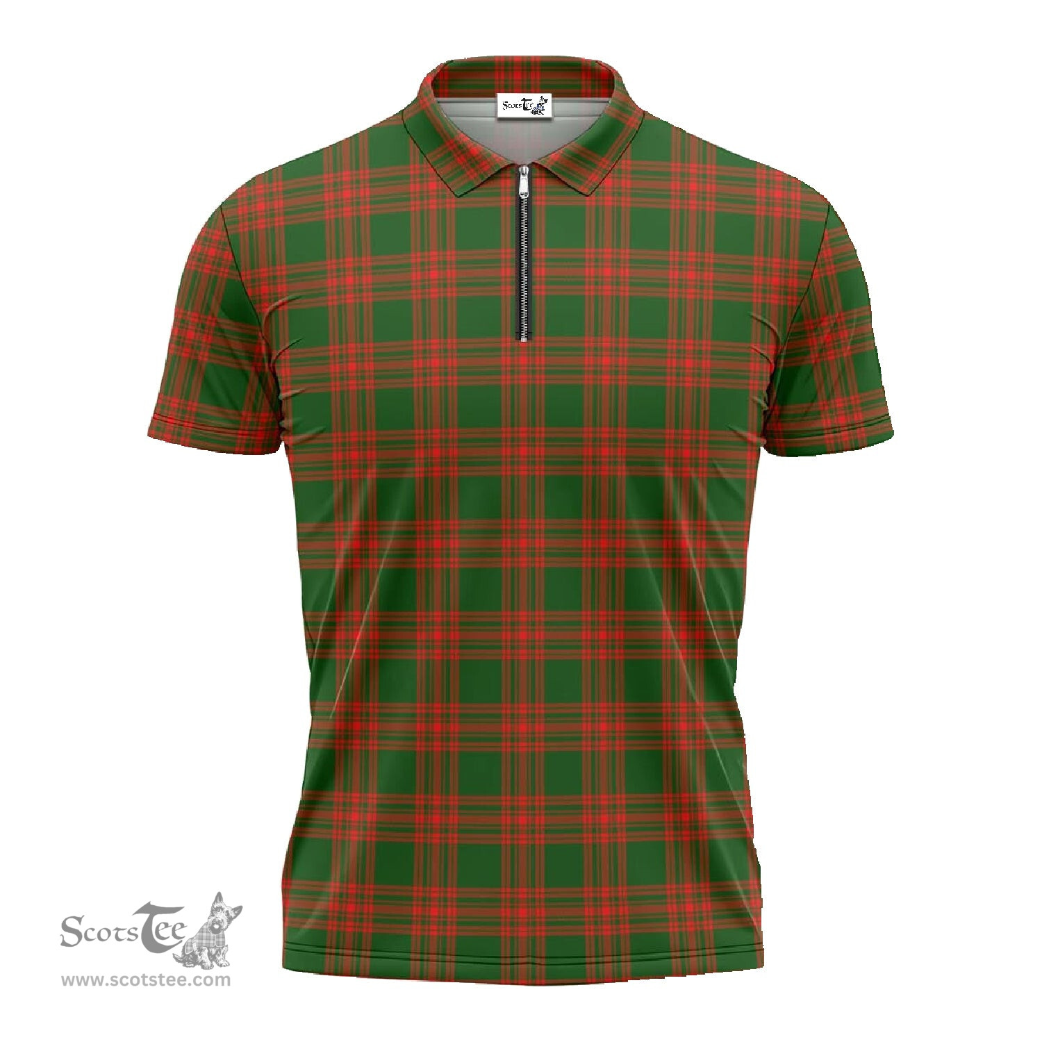 ScotsTee Shop Scottish Menzies Green Modern Clan Tartan Zipper Polo Shirt