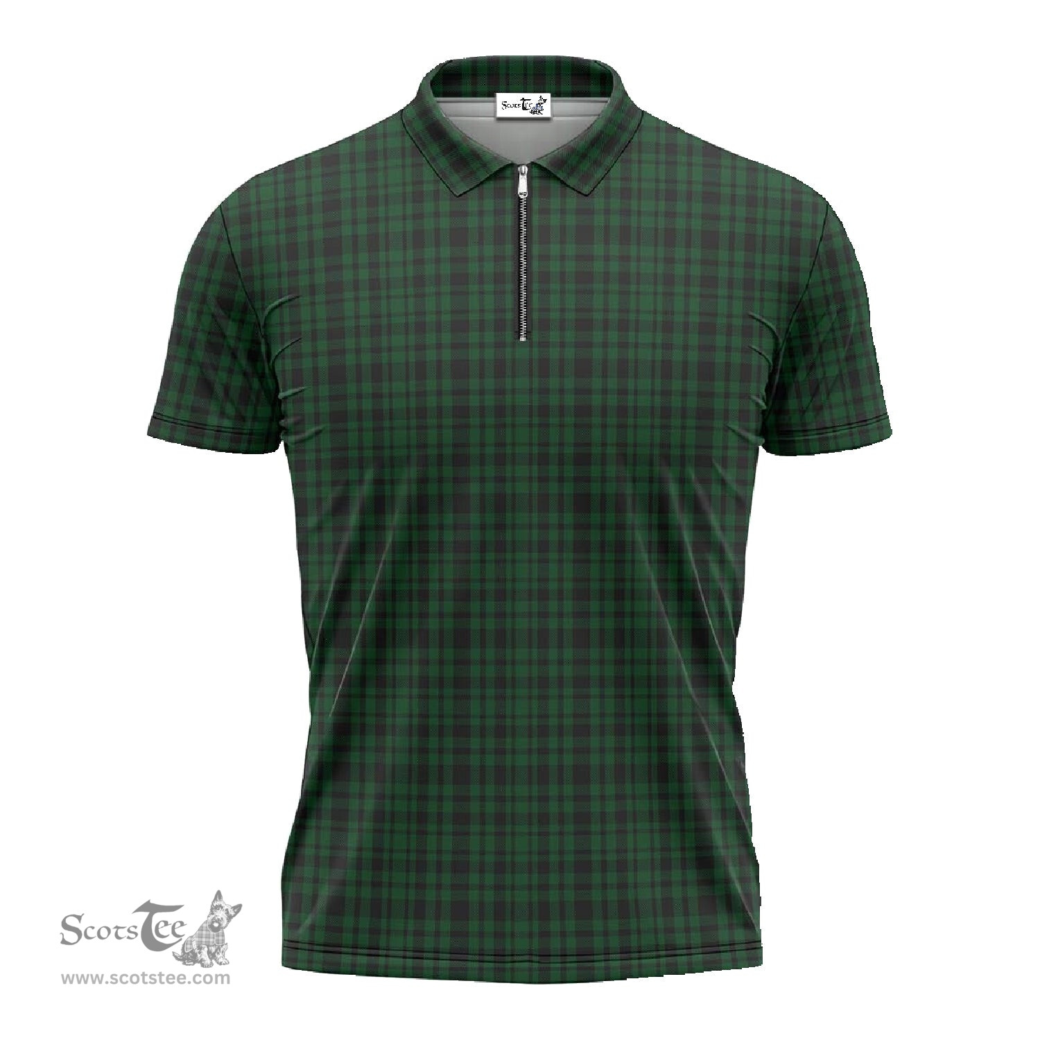 ScotsTee Shop Scottish Menzies Green Clan Tartan Zipper Polo Shirt