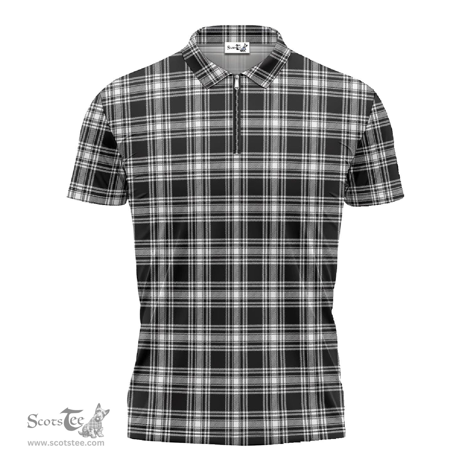ScotsTee Shop Scottish Menzies Black and White Clan Tartan Zipper Polo Shirt