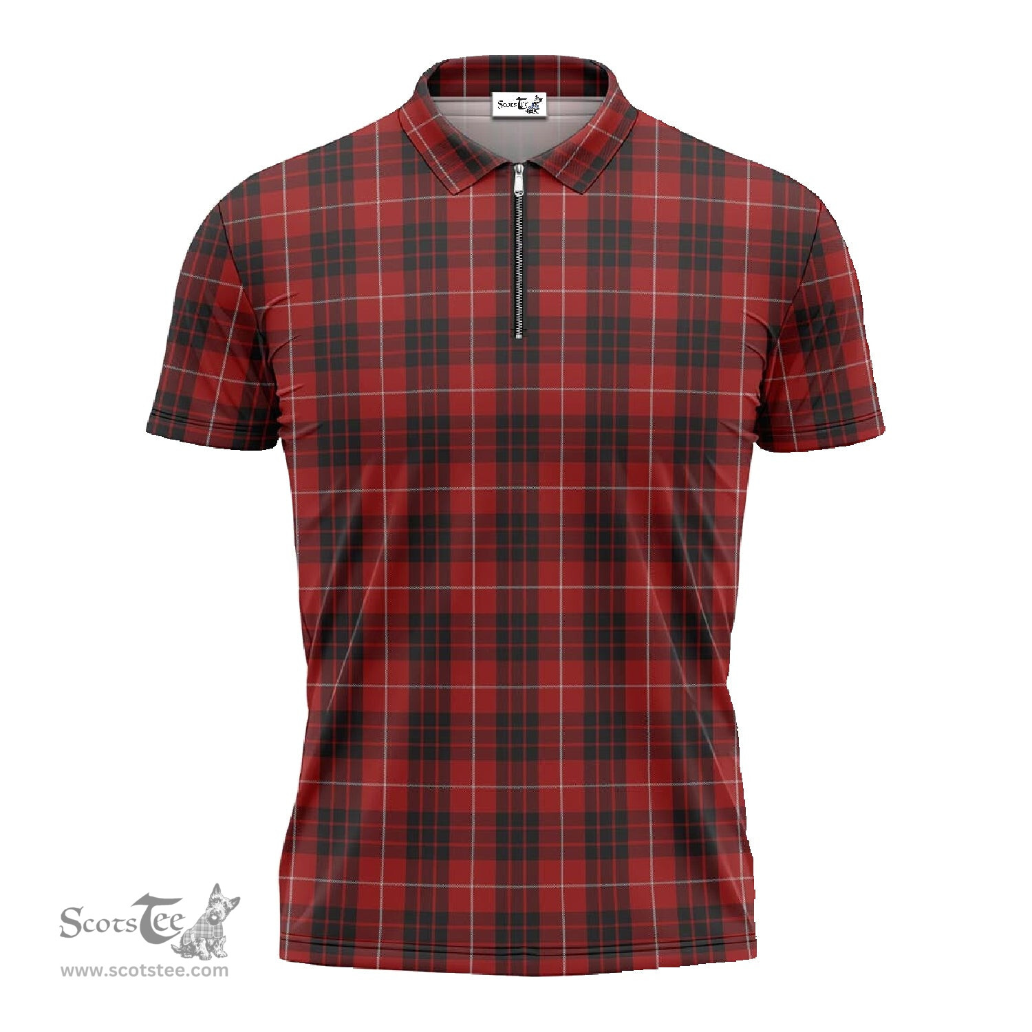 ScotsTee Shop Scottish Munro Black and Red Clan Tartan Zipper Polo Shirt