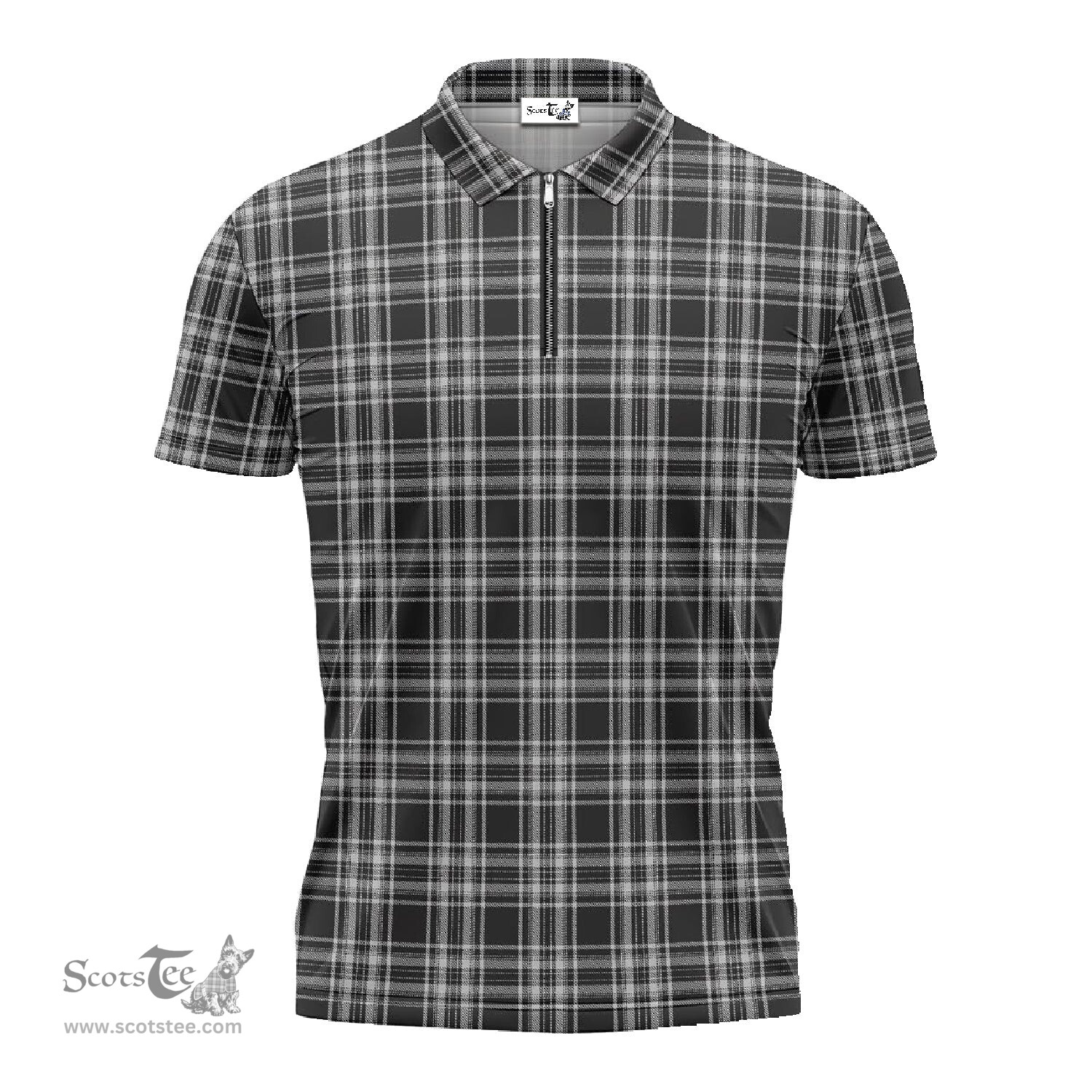 ScotsTee Shop Scottish Stewart Black and White Clan Tartan Zipper Polo Shirt