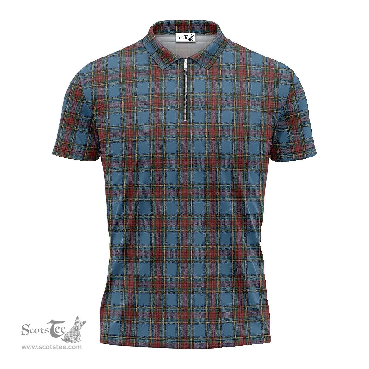 ScotsTee Shop Scottish Stewart Royal Blue Clan Tartan Zipper Polo Shirt
