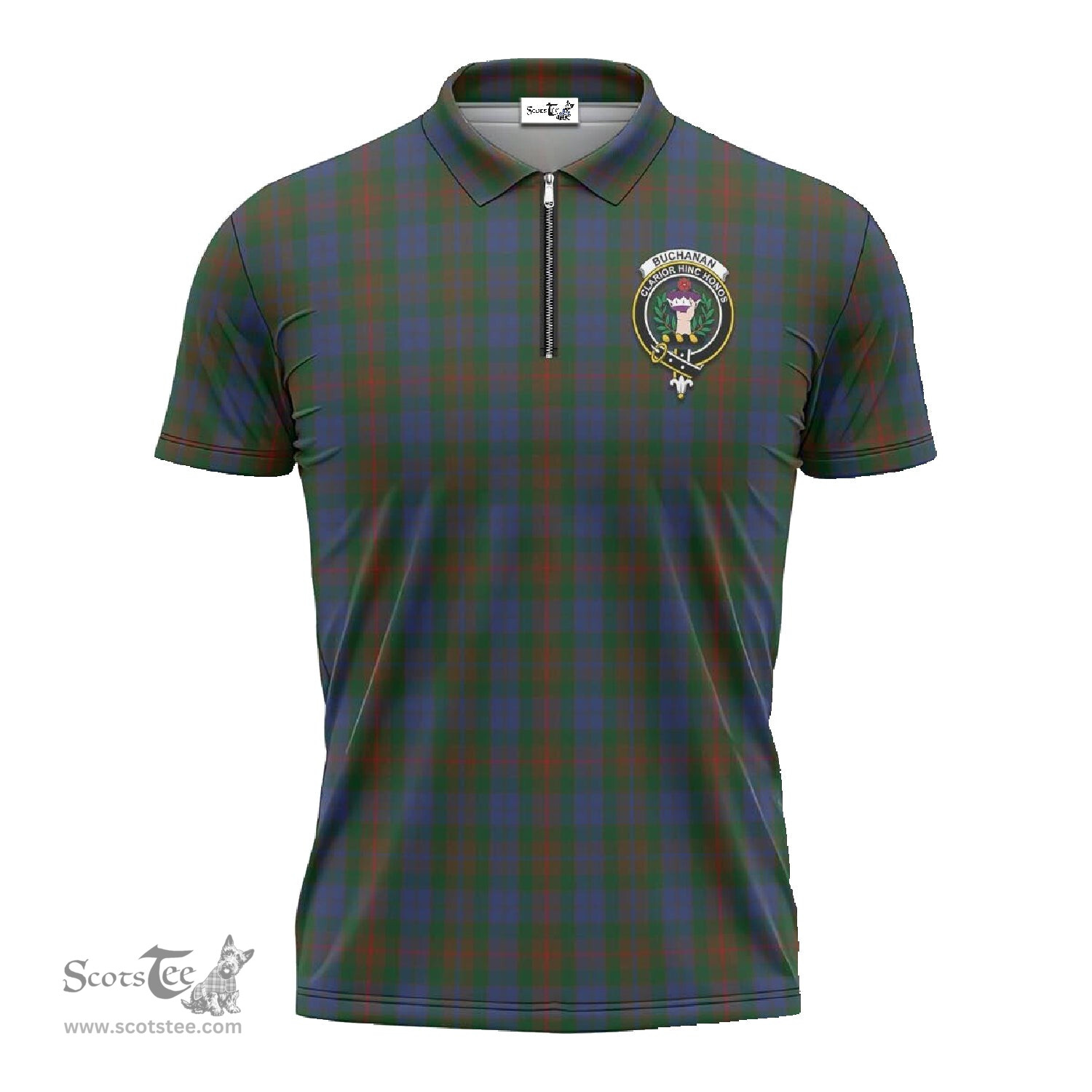 ScotsTee Shop Scottish Buchanan Hunting Clan Crest Tartan Zipper Polo Shirt