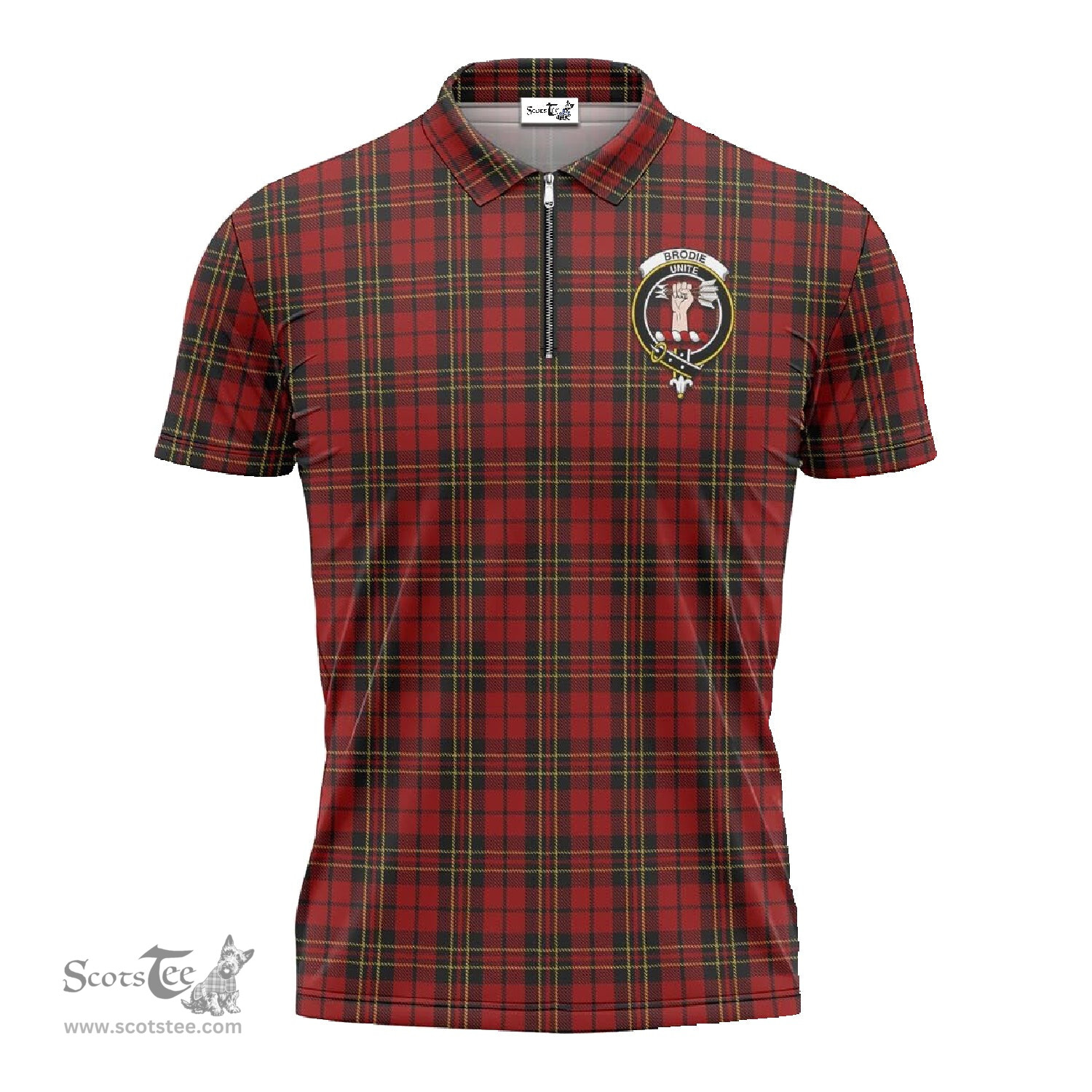 ScotsTee Shop Scottish Brodie Clan Crest Tartan Zipper Polo Shirt