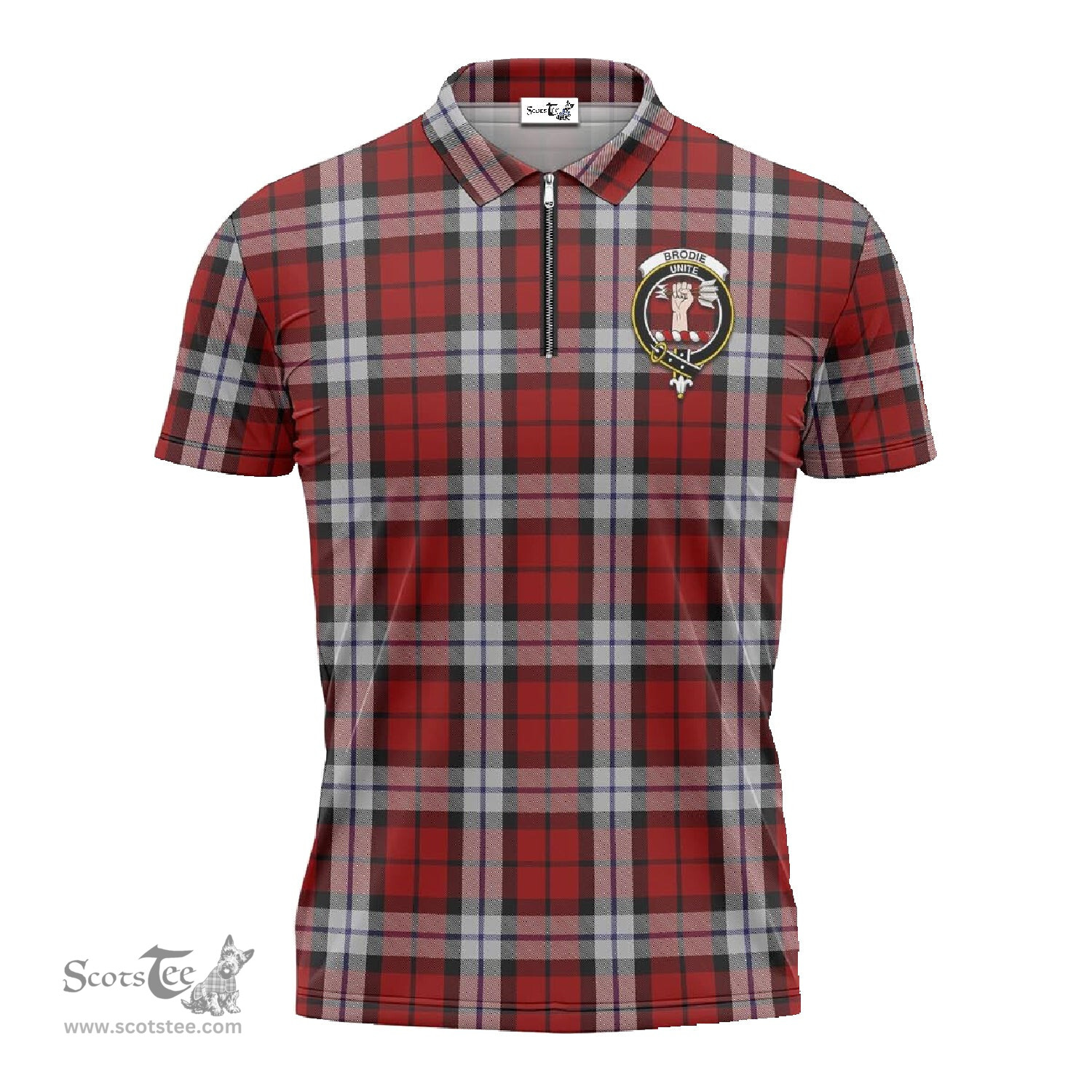 ScotsTee Shop Scottish Brodie Dress Clan Crest Tartan Zipper Polo Shirt