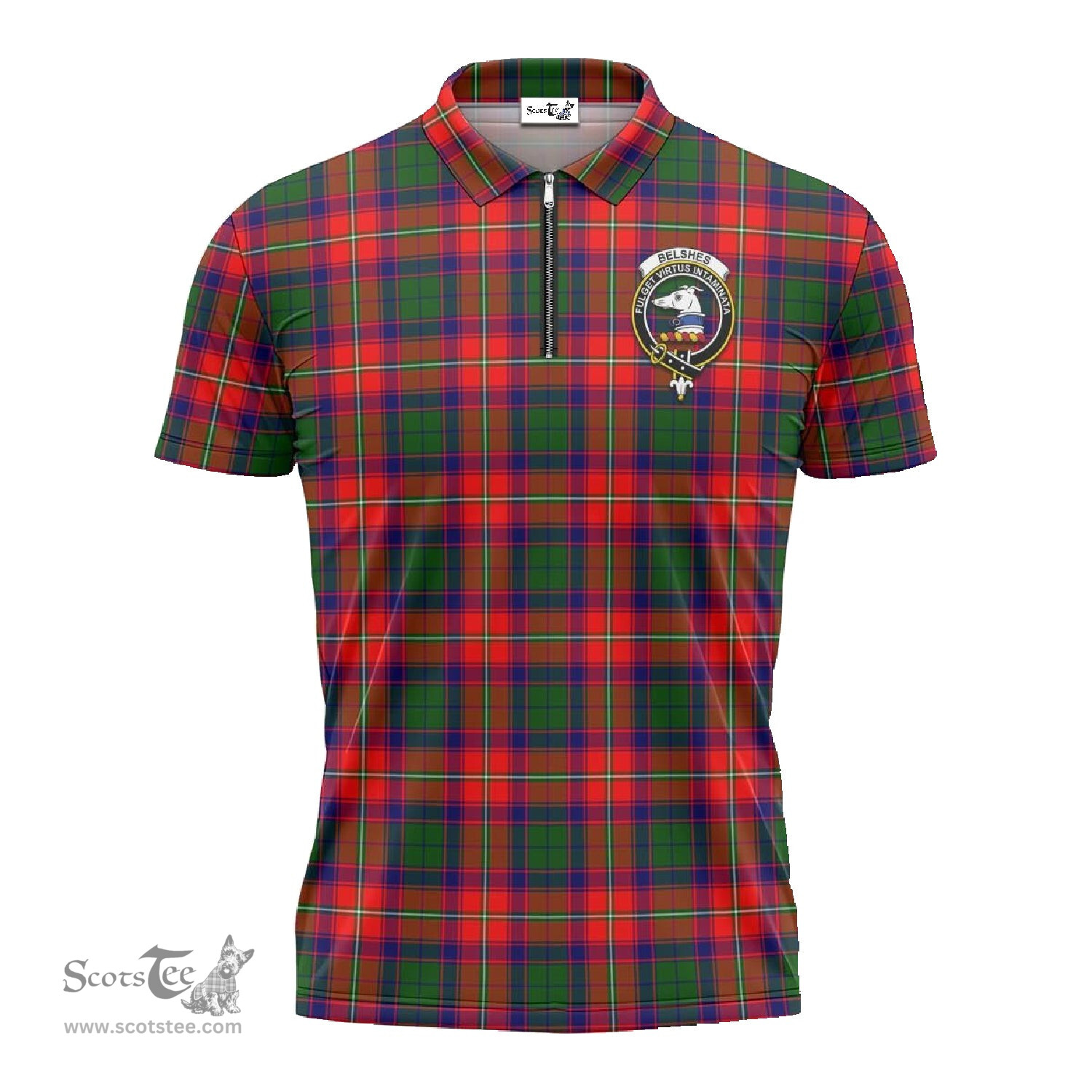 ScotsTee Shop Scottish Belshes Clan Crest Tartan Zipper Polo Shirt