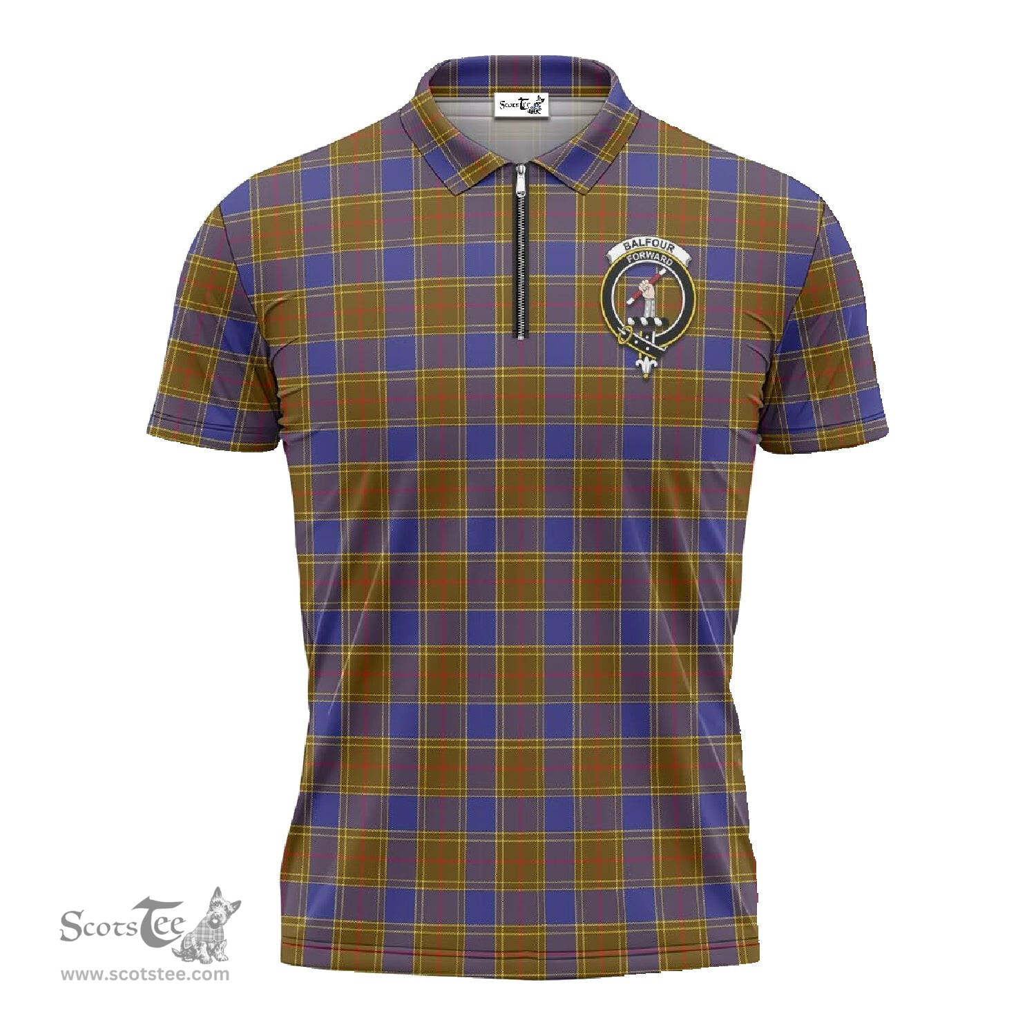 ScotsTee Shop Scottish Balfour Modern Clan Crest Tartan Zipper Polo Shirt