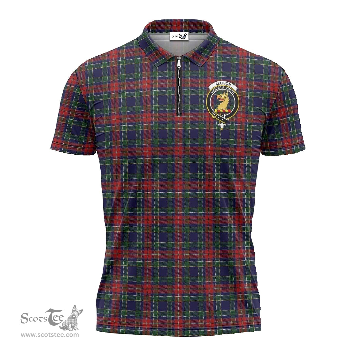 ScotsTee Shop Scottish Allison Red Clan Crest Tartan Zipper Polo Shirt