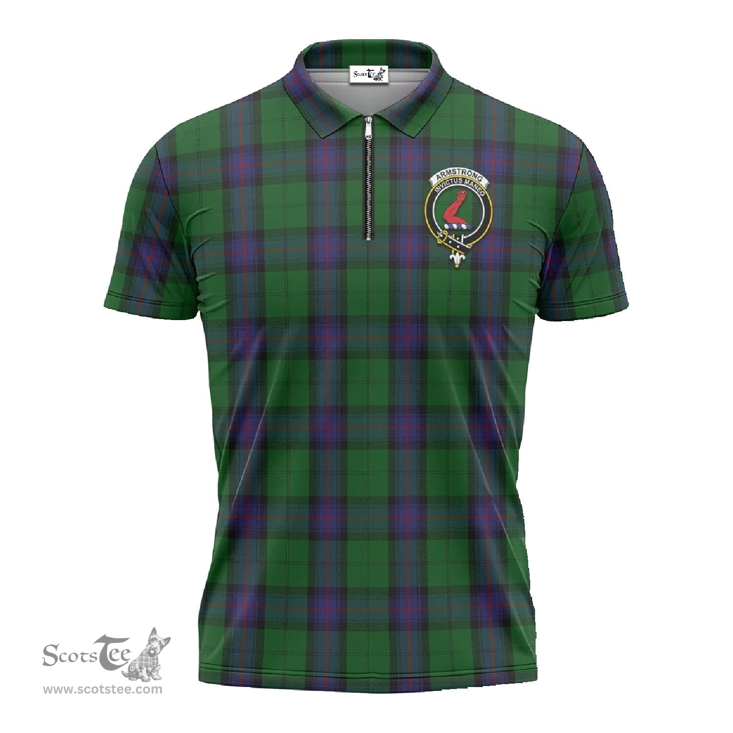 ScotsTee Shop Scottish Armstrong Clan Crest Tartan Zipper Polo Shirt