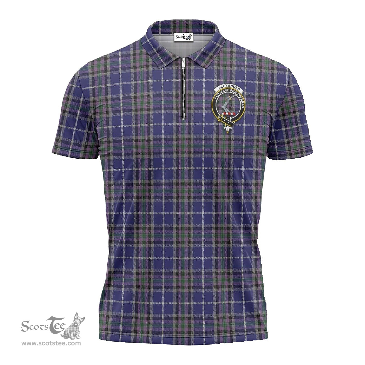 ScotsTee Shop Scottish Alexander of Menstry Clan Crest Tartan Zipper Polo Shirt