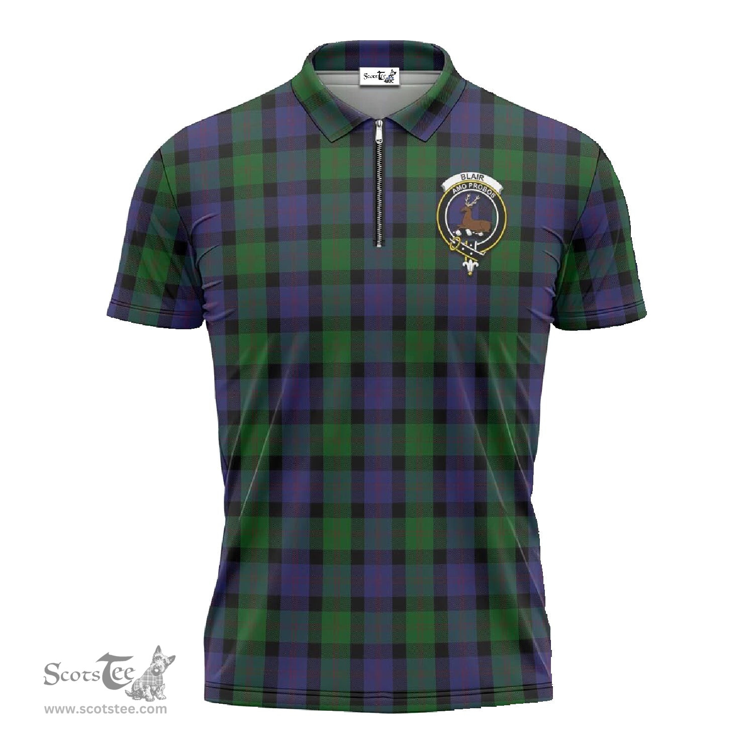 ScotsTee Shop Scottish Blair Clan Crest Tartan Zipper Polo Shirt