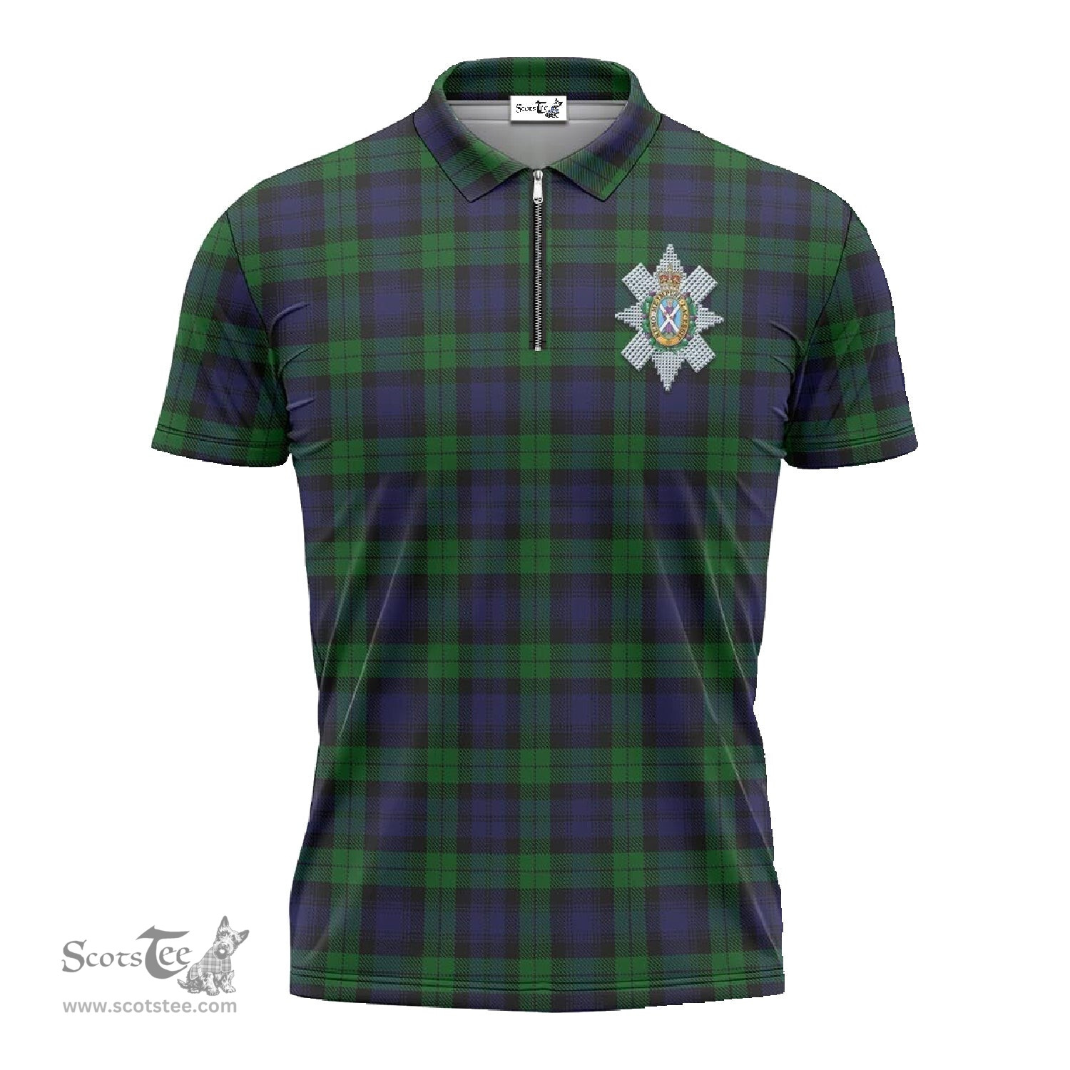 ScotsTee Shop Scottish Black Watch Clan Crest Tartan Zipper Polo Shirt