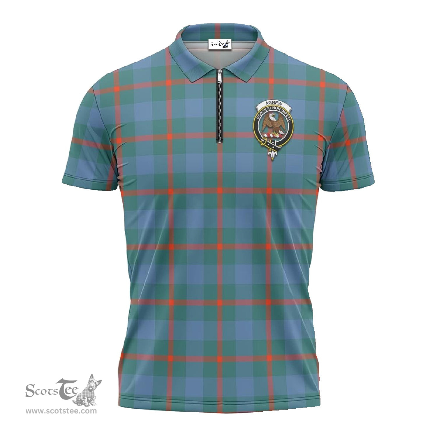 ScotsTee Shop Scottish Agnew Ancient Clan Crest Tartan Zipper Polo Shirt