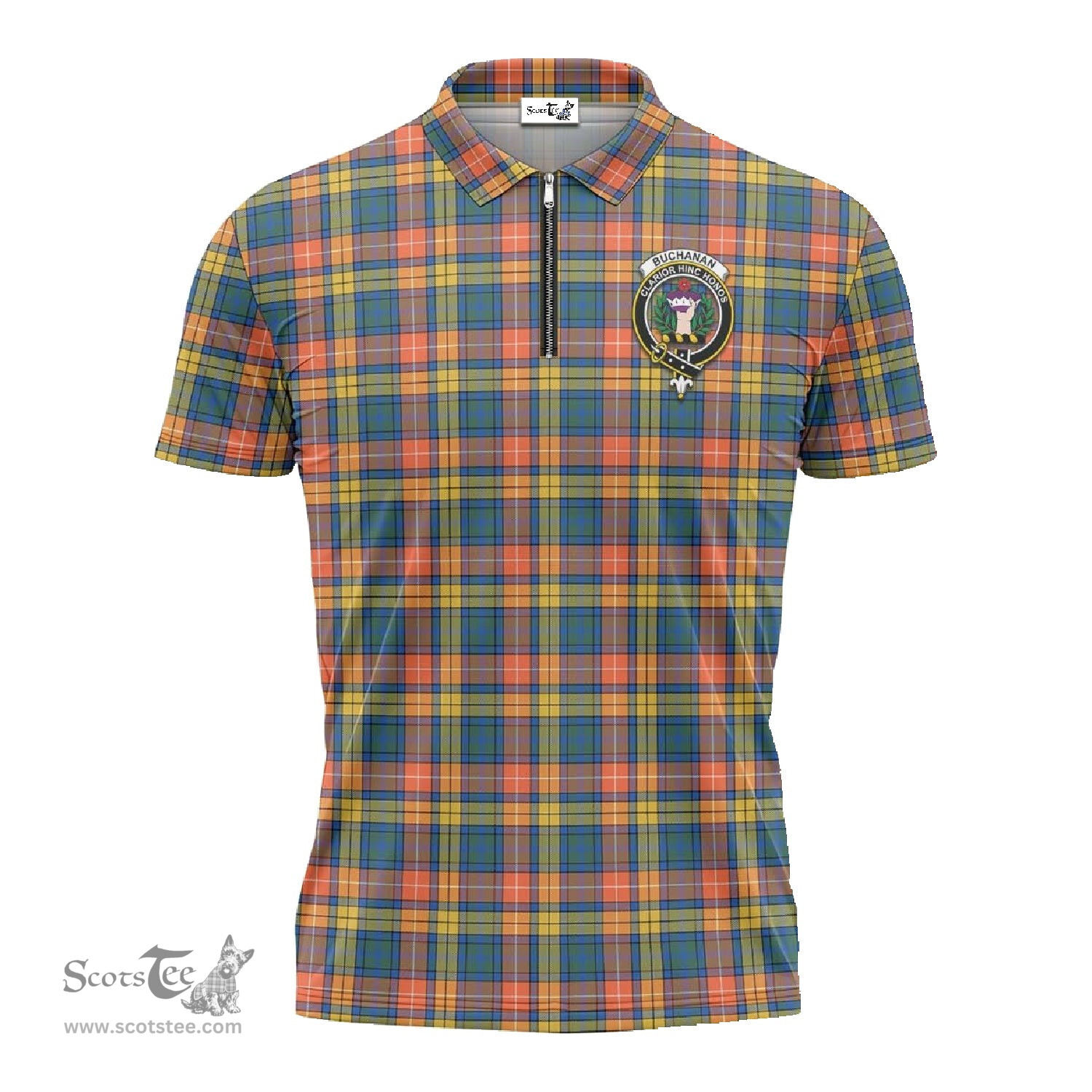 ScotsTee Shop Scottish Buchanan Ancient Clan Crest Tartan Zipper Polo Shirt
