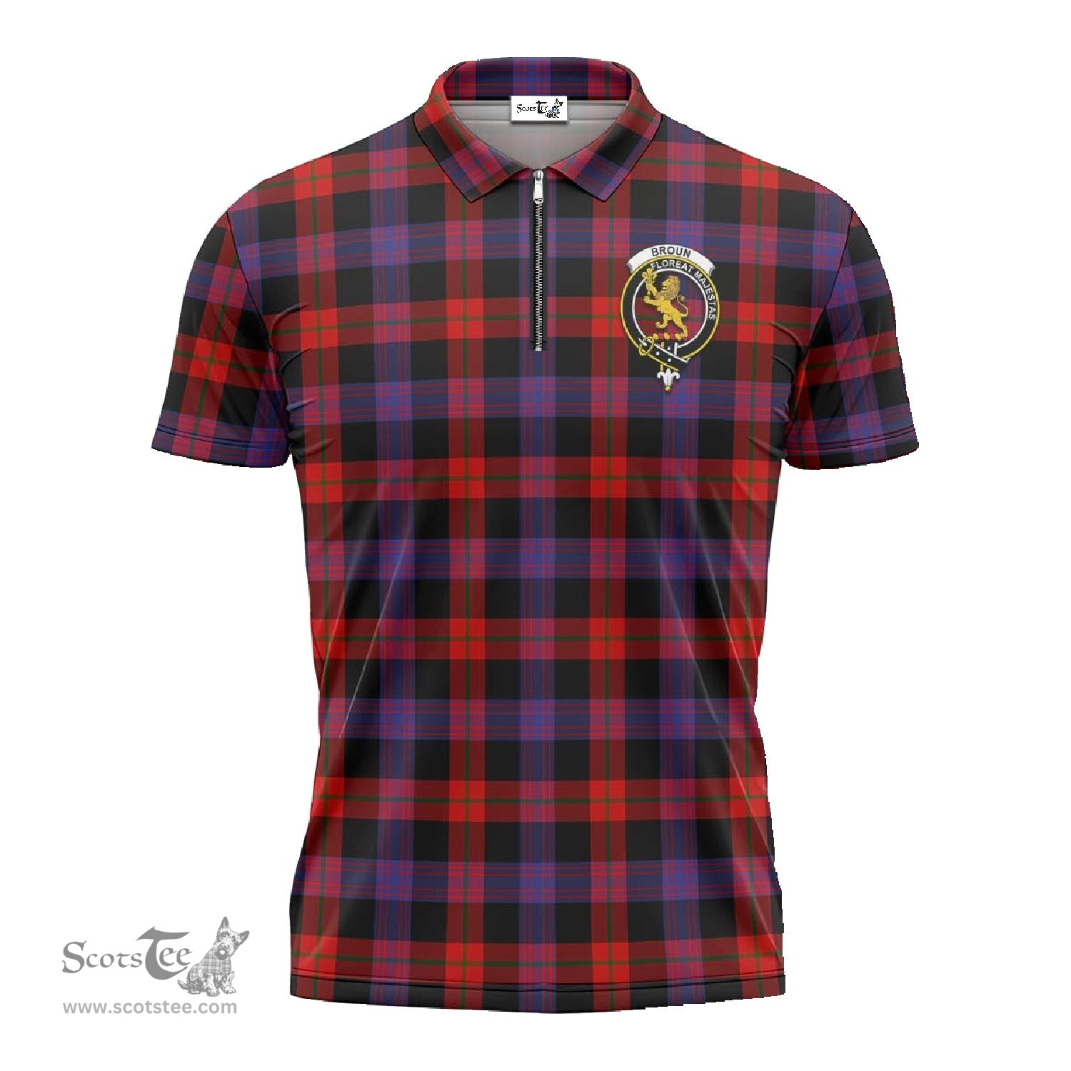 ScotsTee Shop Scottish Broun Modern Clan Crest Tartan Zipper Polo Shirt
