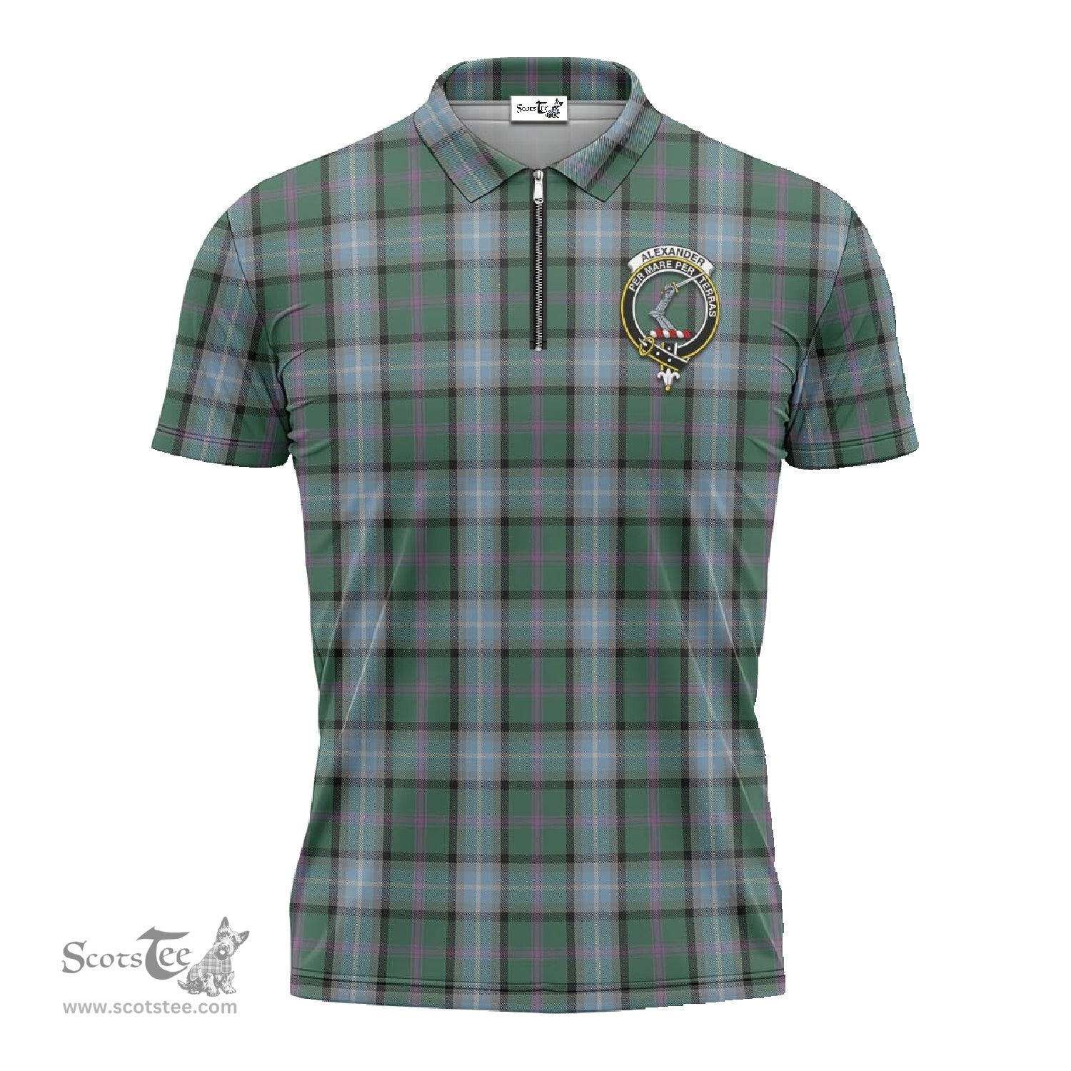 ScotsTee Shop Scottish Alexander of Menstry Hunting Clan Crest Tartan Zipper Polo Shirt